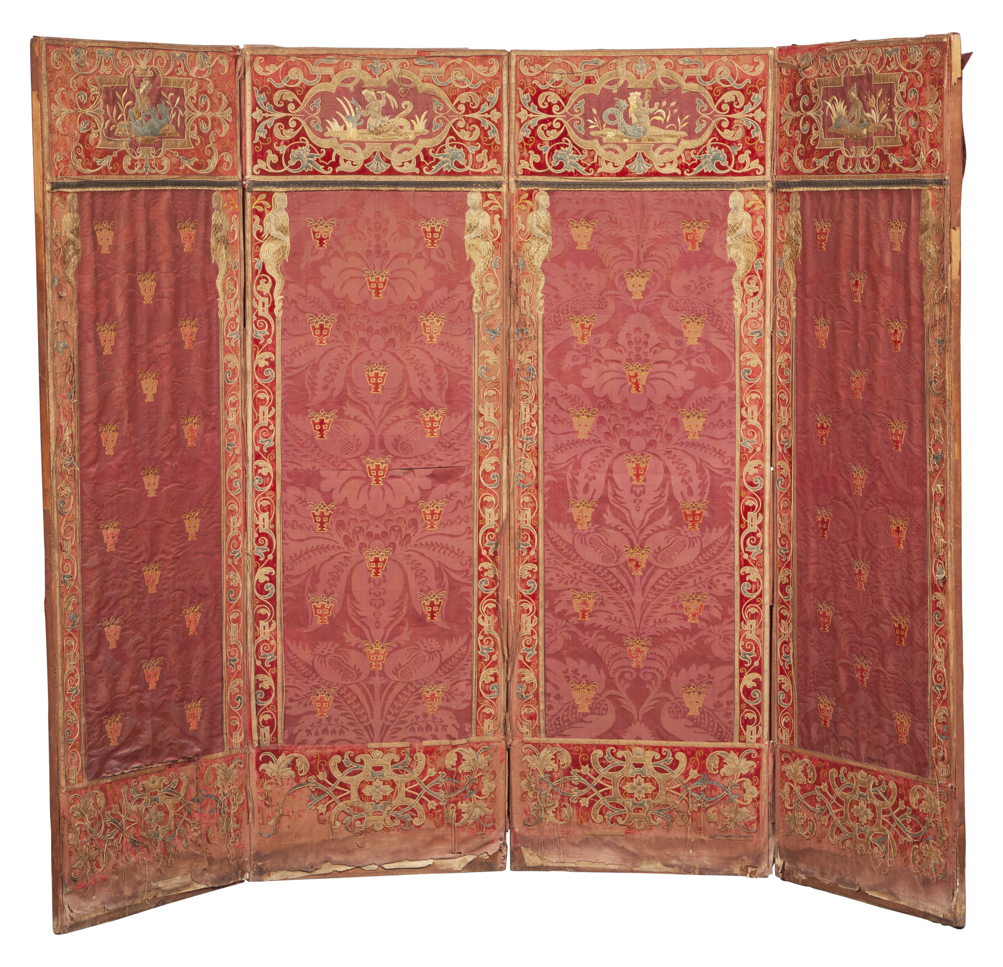 Lot image - Embroidered Silk and Velvet Four-Panel Screen