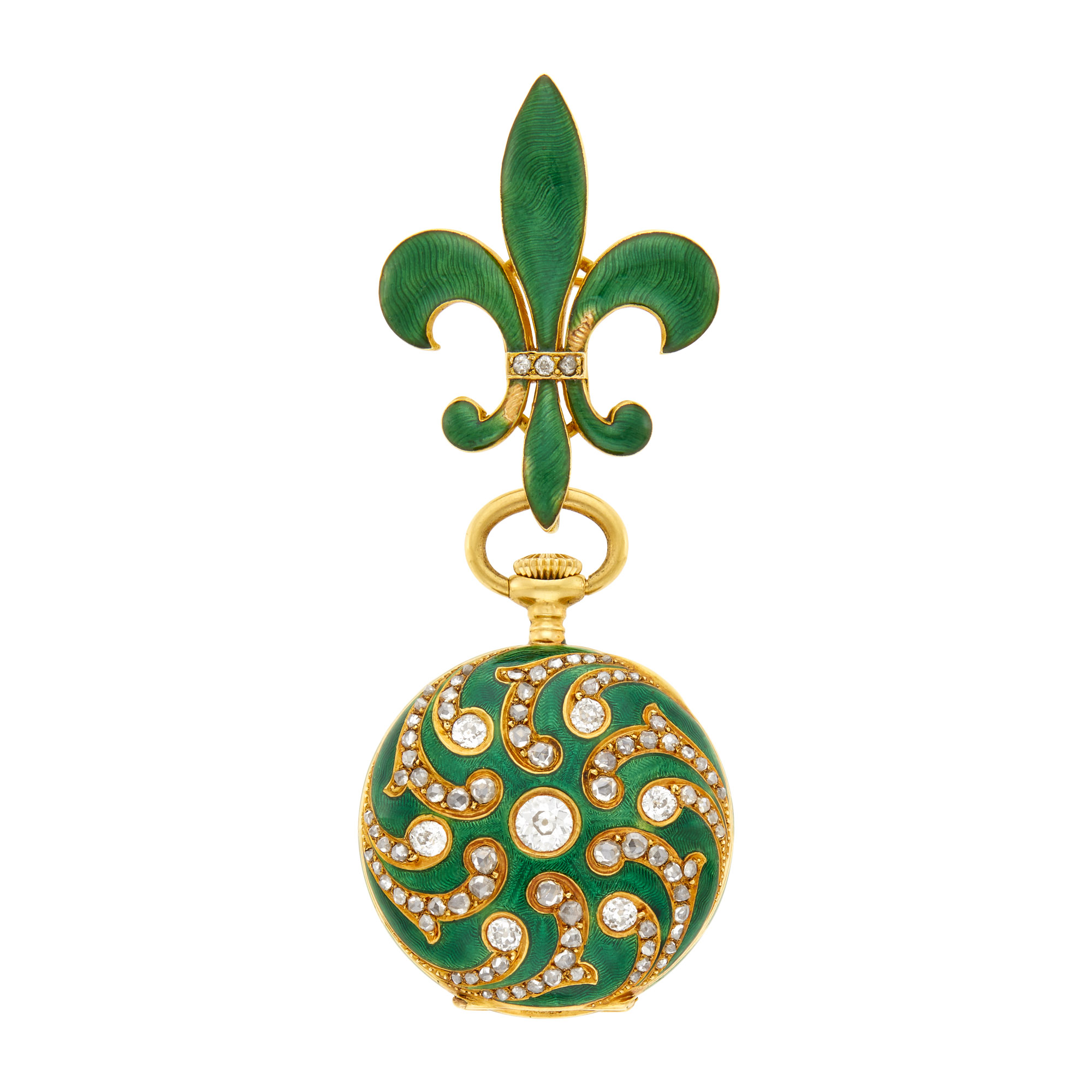 Lot image - Gold, Green Enamel and Diamond Lapel-Watch