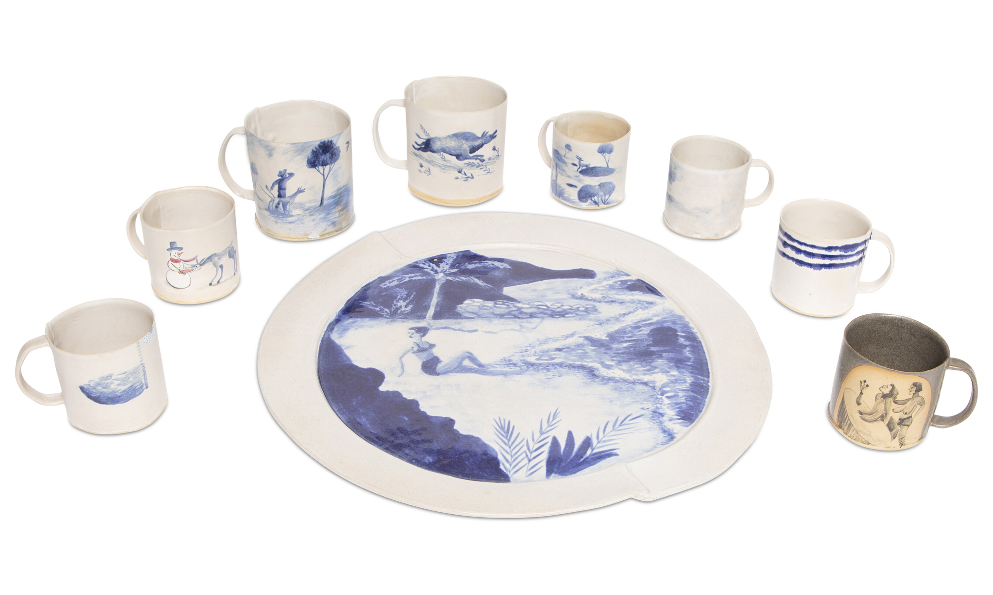 Lot image - Set of Eight BDDW Cobalt Decorated Ceramic Mugs and a Charger