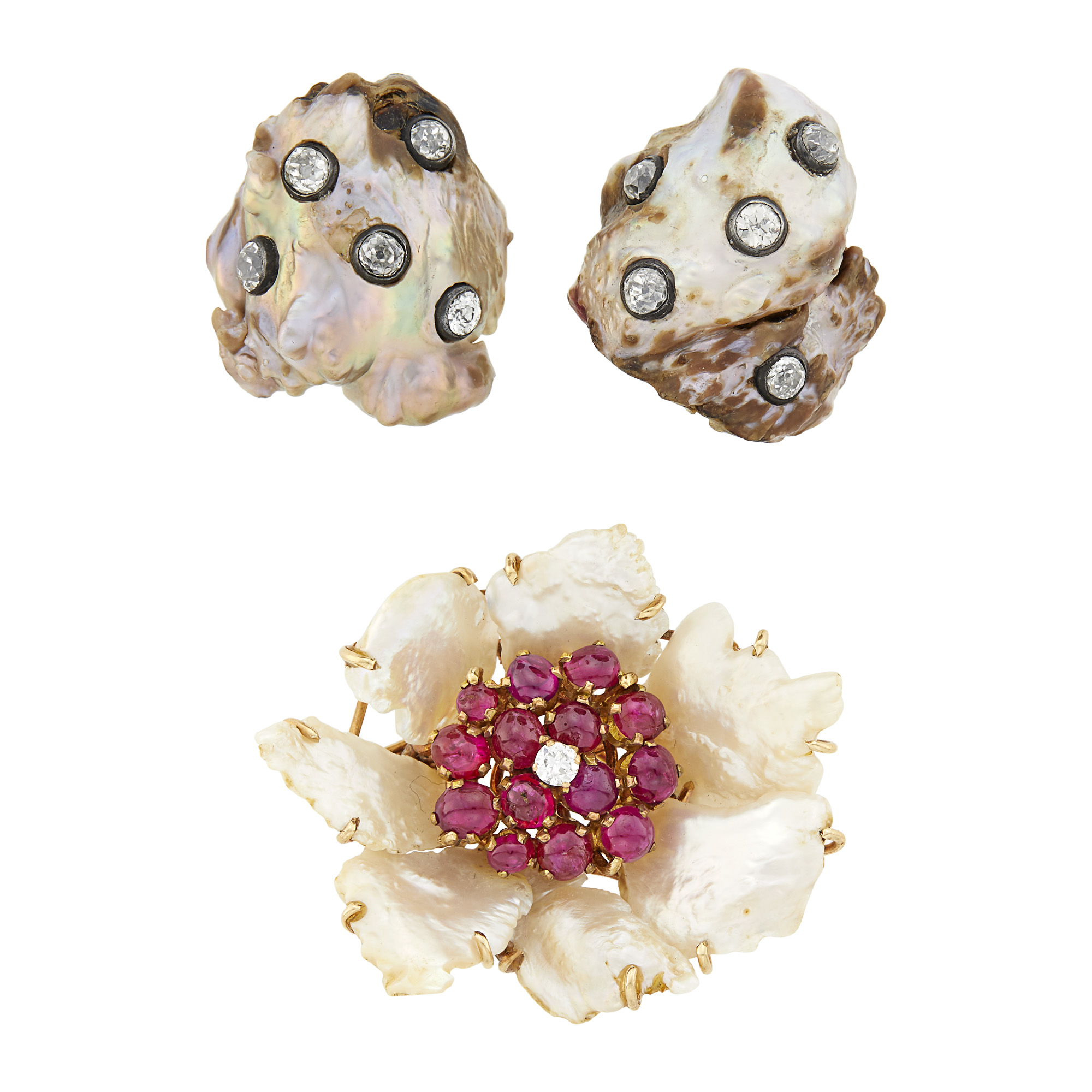 Lot image - Pair of Baroque Freshwater Pearl, Silver, Gold and Diamond Earrings and Freshwater Pearl, Cabochon Ruby and Diamond Brooch