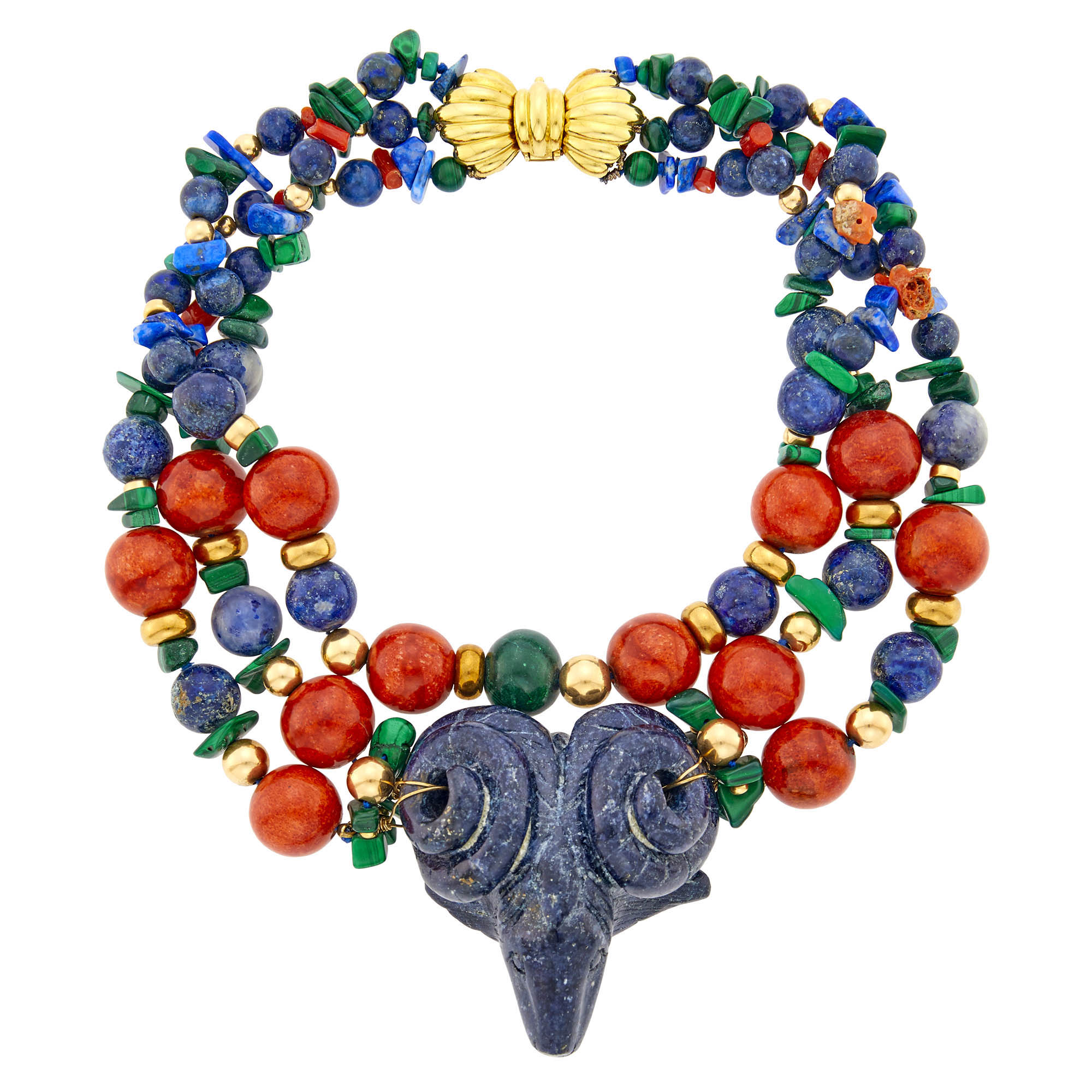 Lot image - Triple Strand Gold, Hardstone Bead and Carved Rams Head Pendant-Necklace