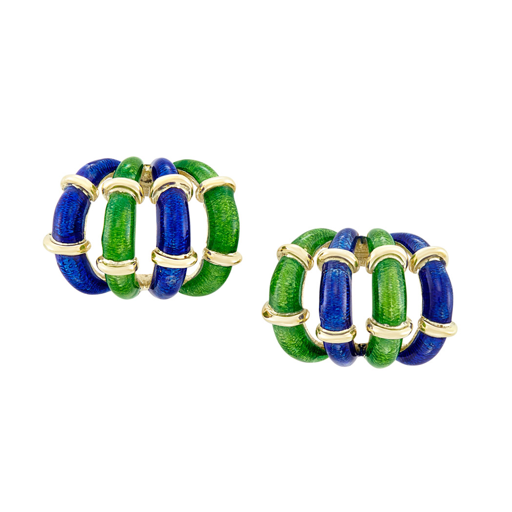 Lot image - Pair of Gold and Green and Blue Enamel Earclips, Tiffany & Co., Schlumberger