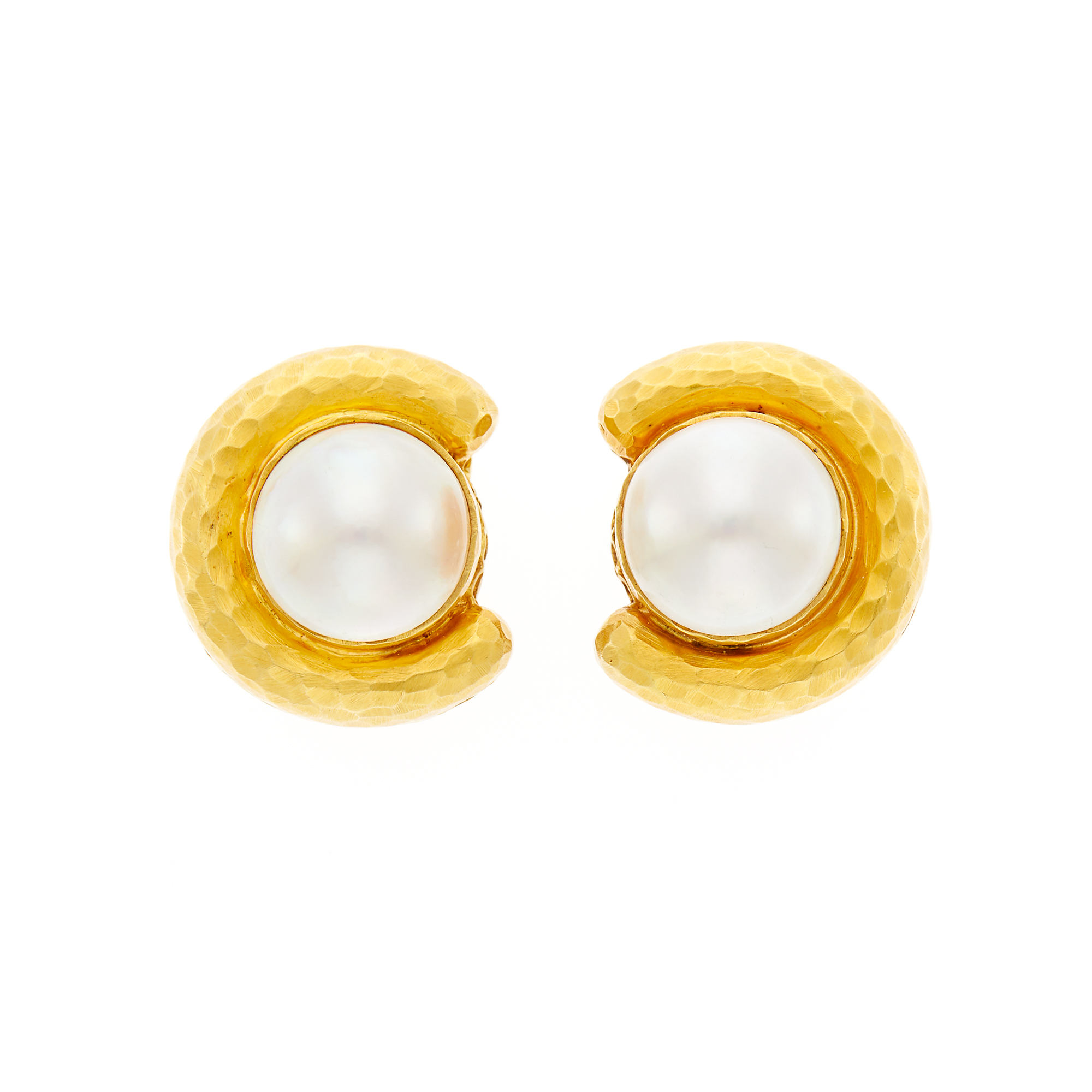 Lot image - Pair of Hammered Gold and Mabé Pearl Earclips