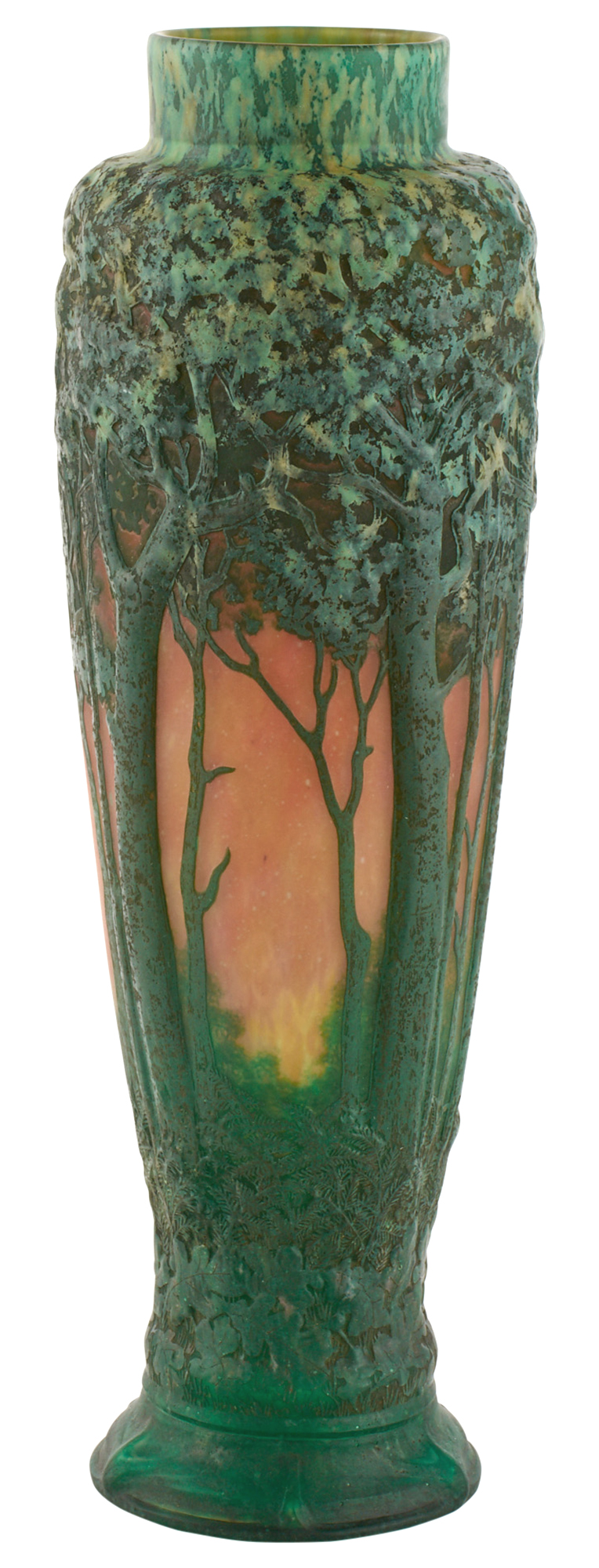 Lot image - Daum Art Nouveau Mold-Blown Cameo Glass Forest Sunset Landscape Vase