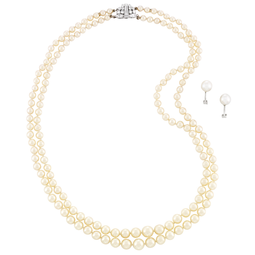 Lot image - Double Strand Cultured Pearl Necklace with Diamond Clasp and Pair of Platinum and Cultured Pearl Earclips, France
