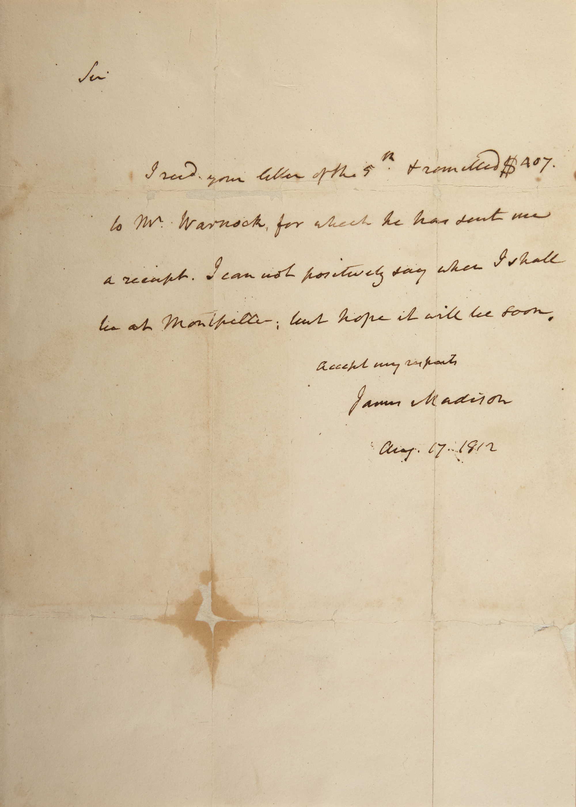 Lot image - MADISON, JAMES  Autograph letter twice signed as President.
