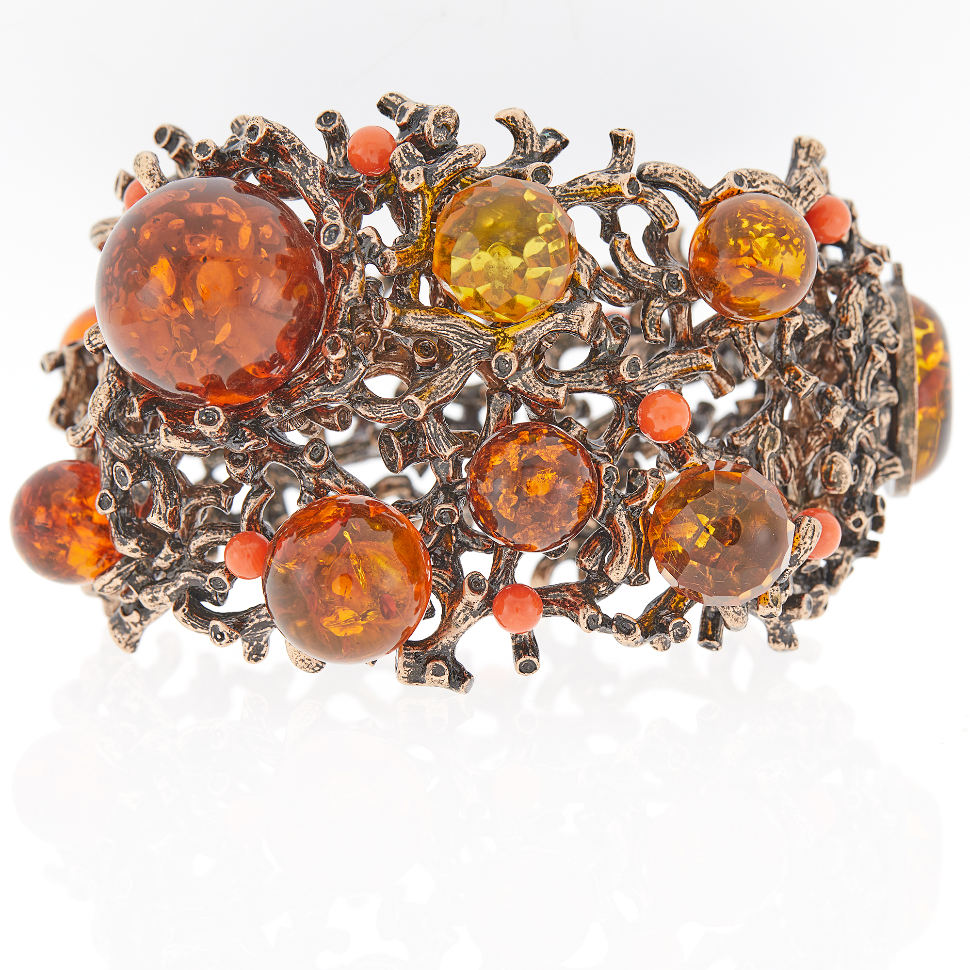 Lot image - Bottega Veneta Wide Blackened Silver, Amber and Coral Cuff Bracelet
