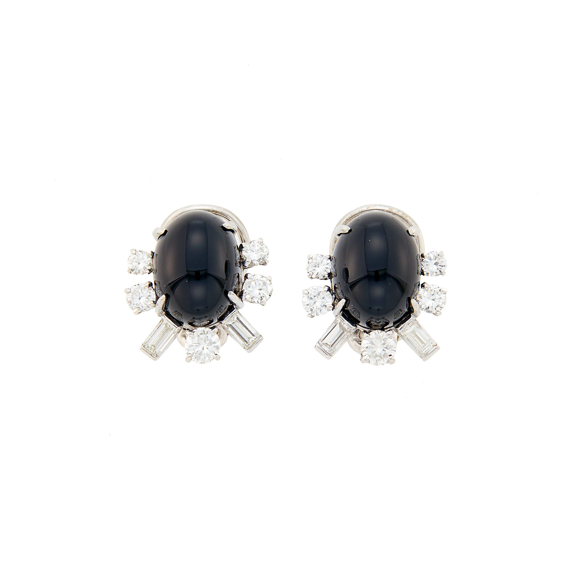 Lot image - Pair of White Gold, Black Onyx and Diamond Earclips