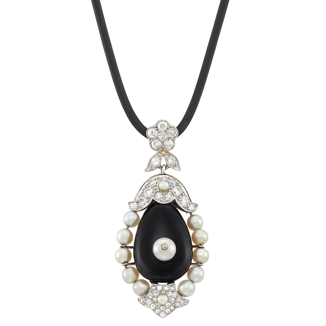 Lot image - Platinum, White Gold, Black Onyx, Pearl and Diamond Pendant with Black Cord Necklace