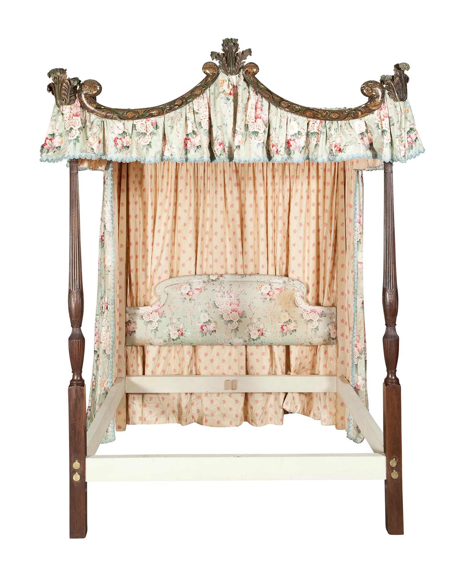 Lot image - George III Mahogany and Painted Tester Bedstead Upholstered by Bunny Williams, Inc.