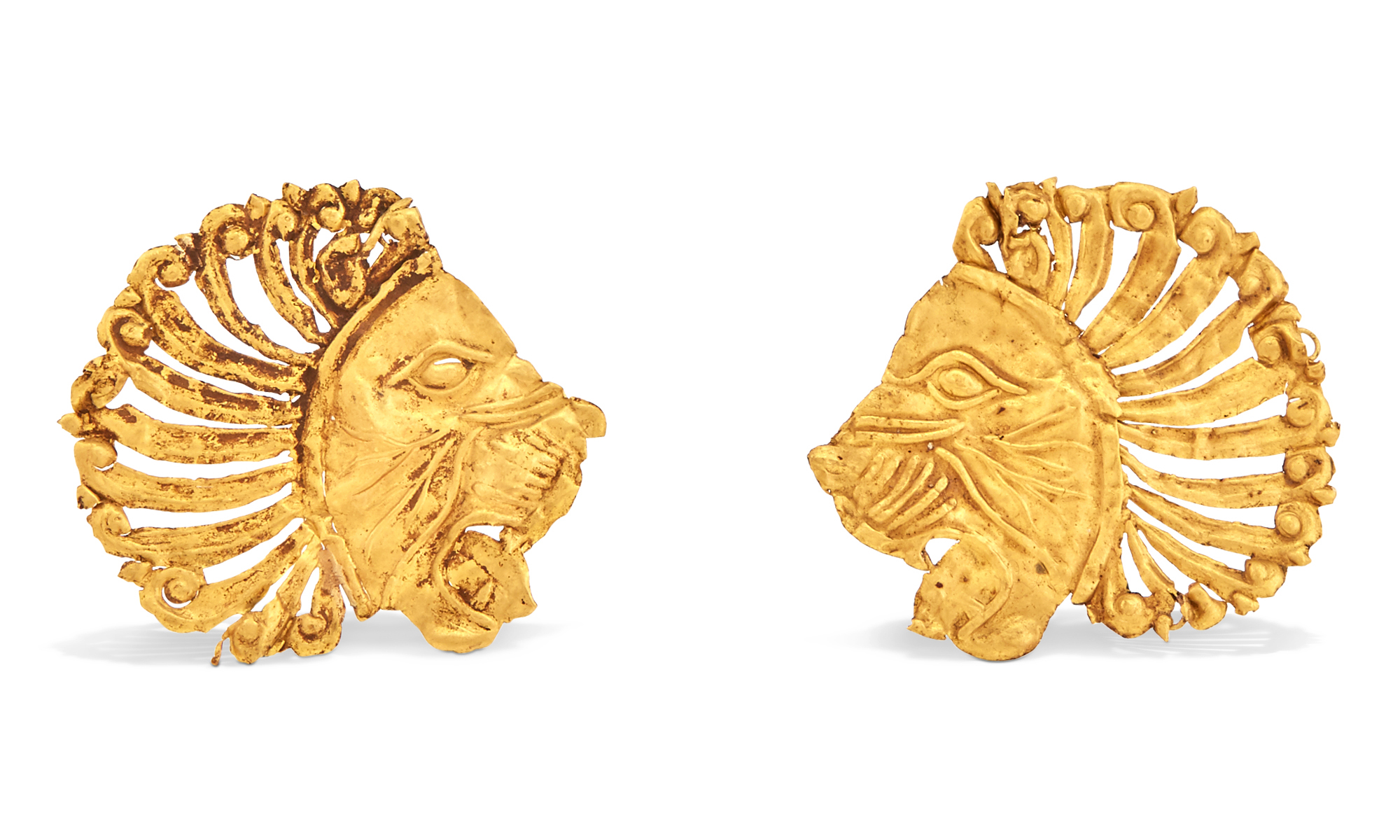 Lot image - Two Achamenid Gold Lion-Headed Appliques