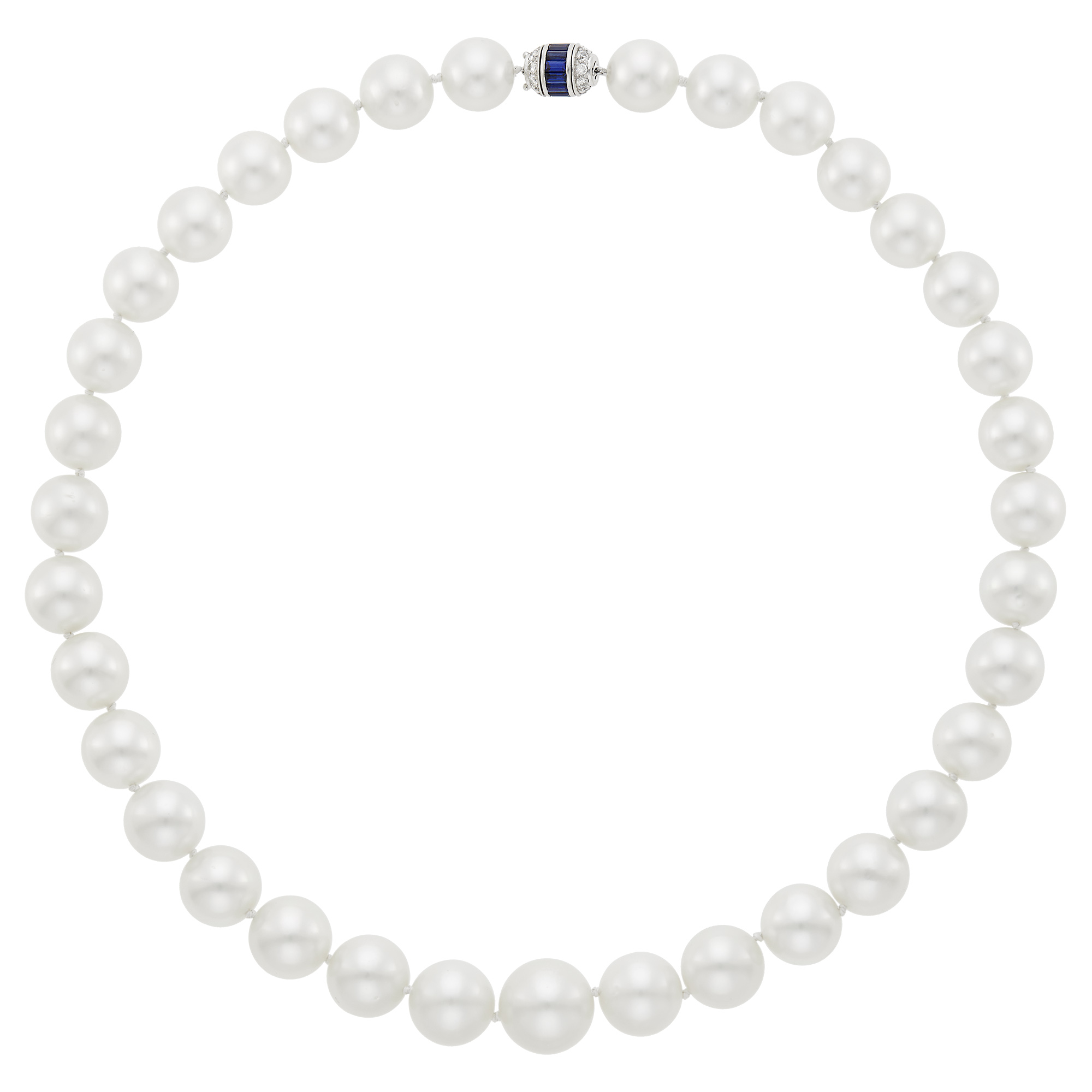 Lot image - South Sea Cultured Pearl Necklace with Platinum, Sapphire and Diamond Clasp