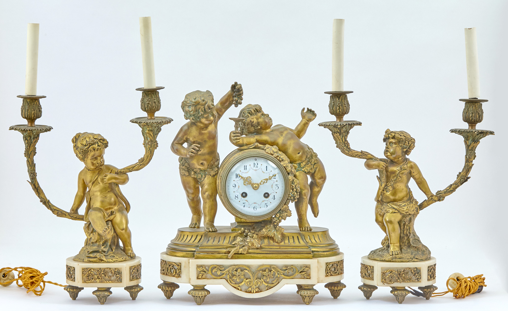 Lot image - Louis XV Style Gilt-Bronze and Marble Three-Piece Clock Garniture