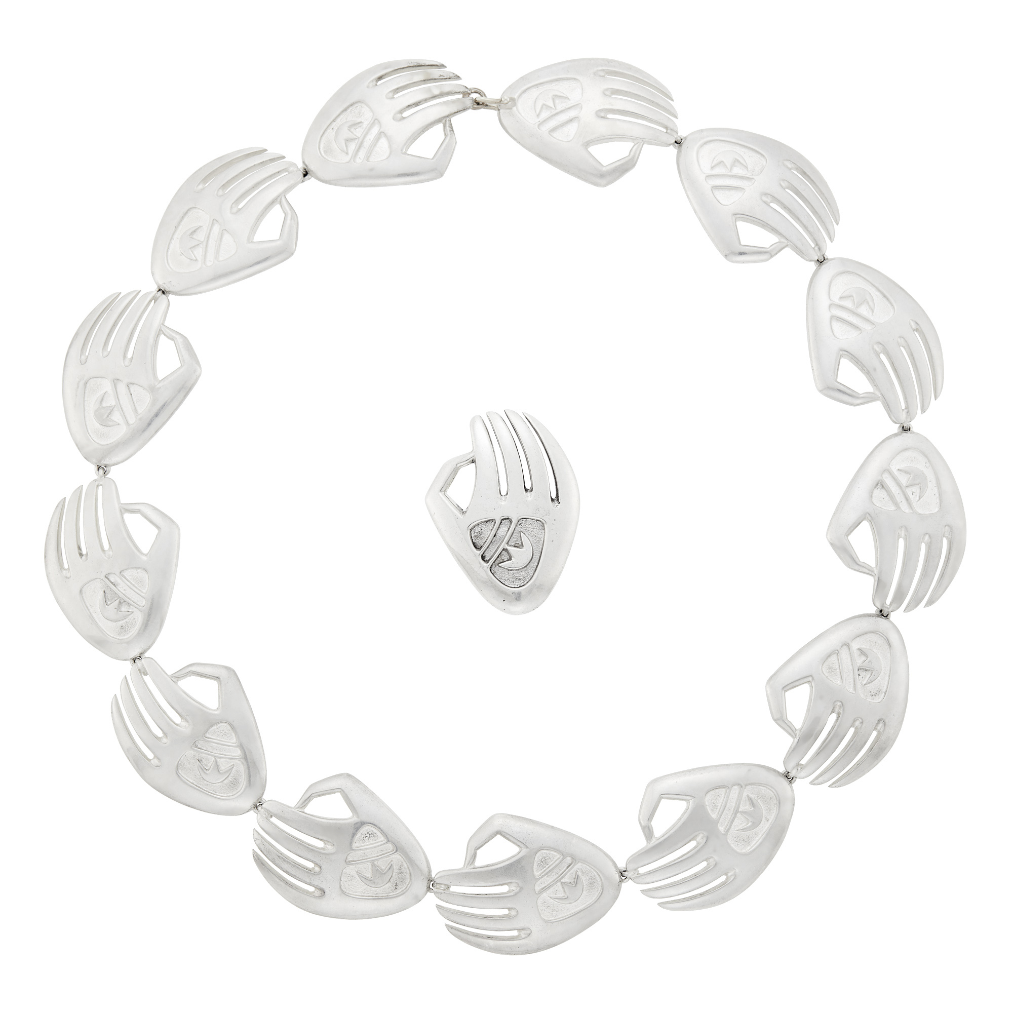 Lot image - Charles Loloma and Pierre Touraine Sterling Silver Badger Paw Necklace and Ring