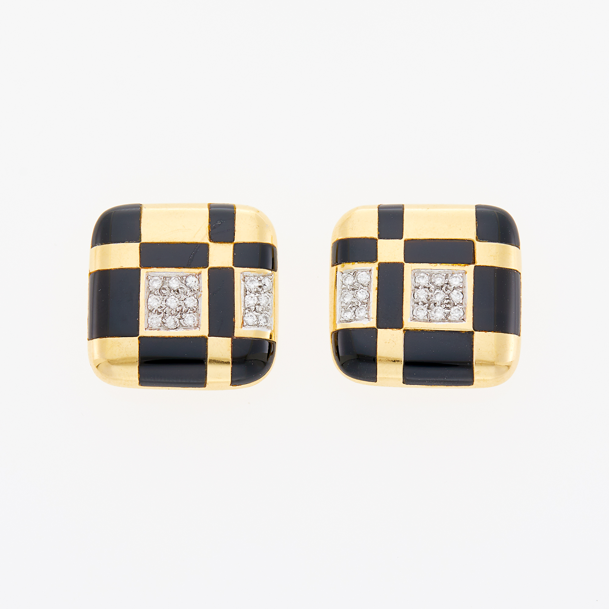 Lot image - Pair of Gold, Black Onyx and Diamond Earrings