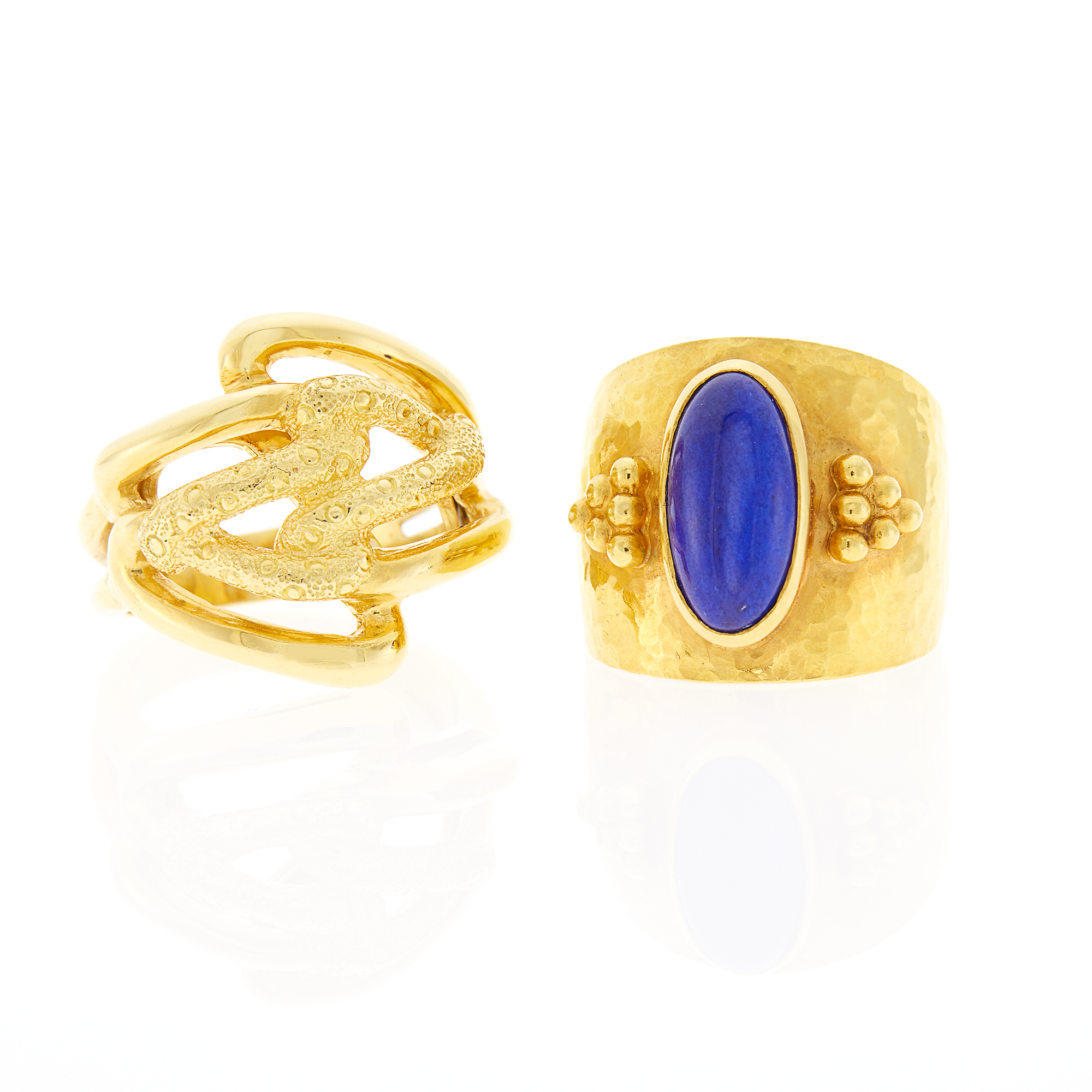Lot image - Wide Hammered Gold and Lapis Ring and Gold Ring