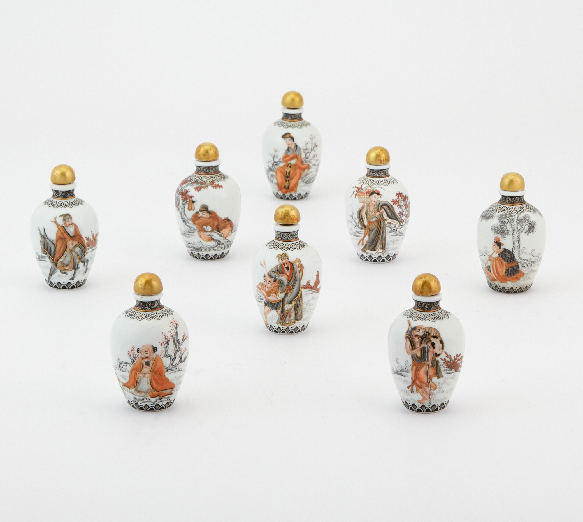 Lot image - Eight Chinese Enameled Porcelain Immortals Snuff Bottles