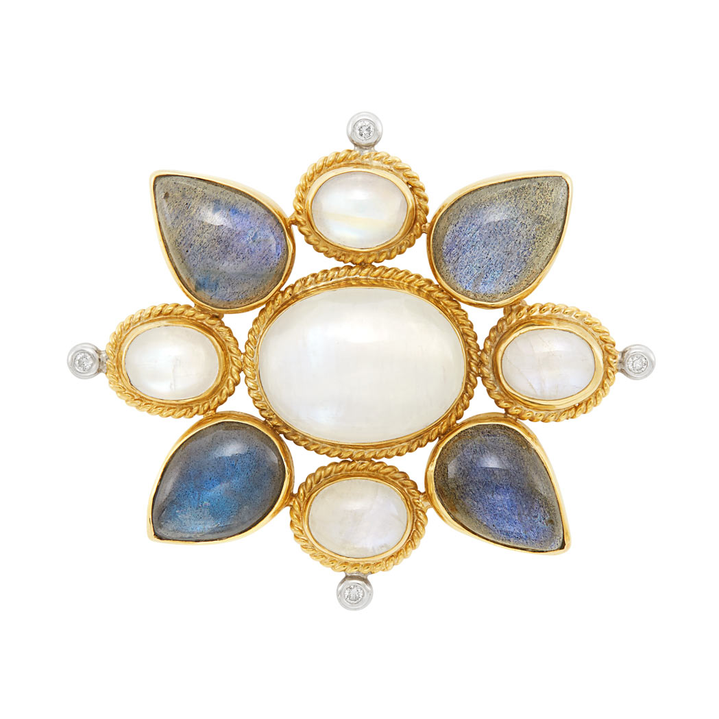 Lot image - Two-Color Gold, Moonstone, Labradorite and Diamond Pendant-Brooch, Maz
