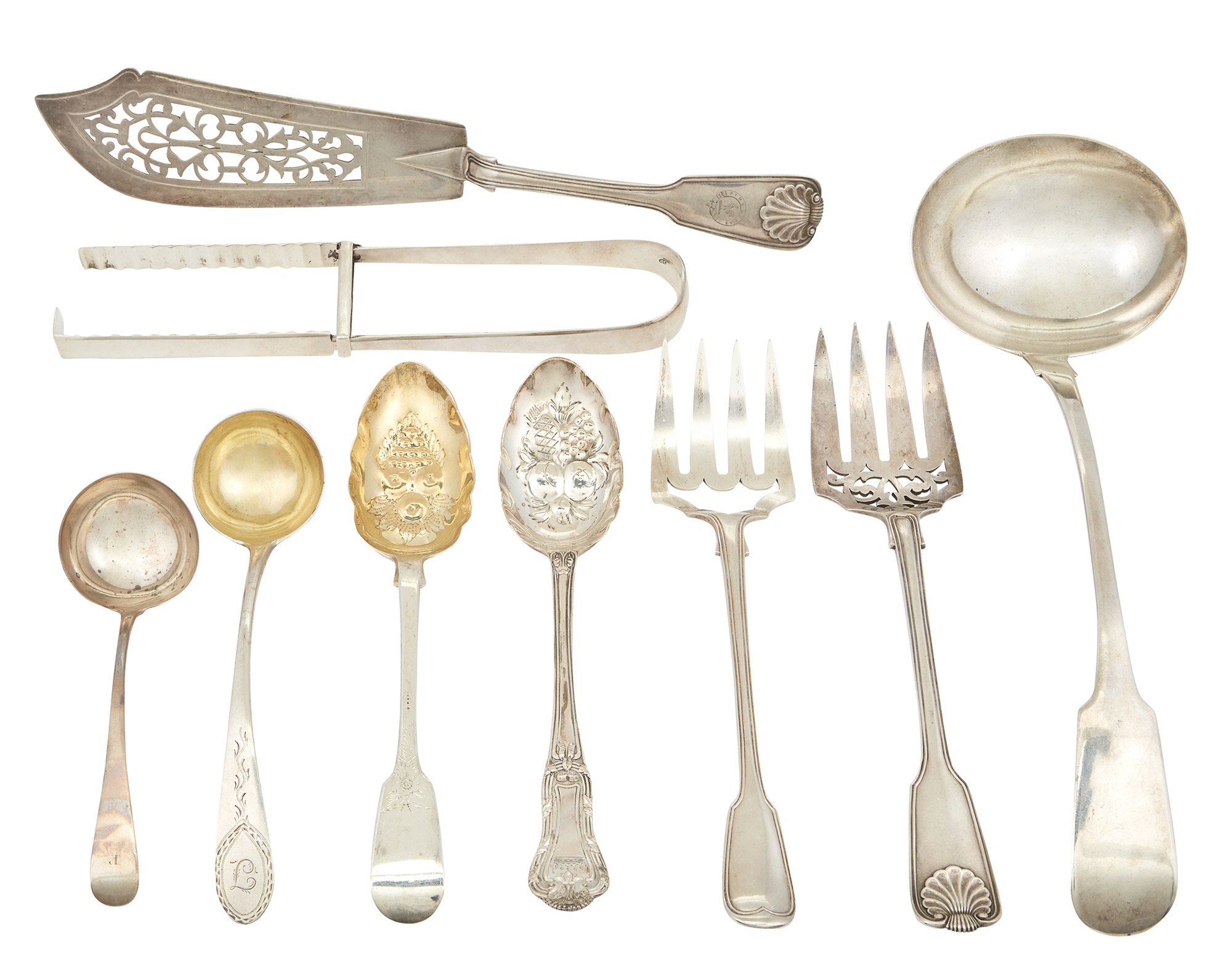 Lot image - Group of Nine English Sterling Silver Serving Pieces