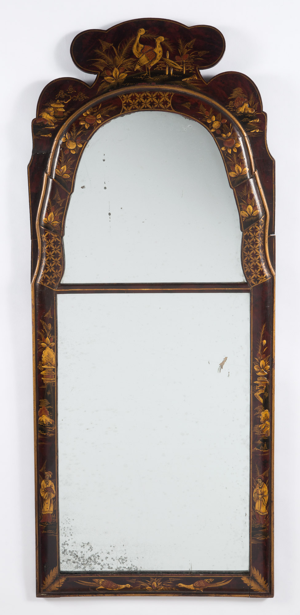 Lot image - Queen Anne Scarlet-Japanned and Parcel-Gilt Pier Mirror