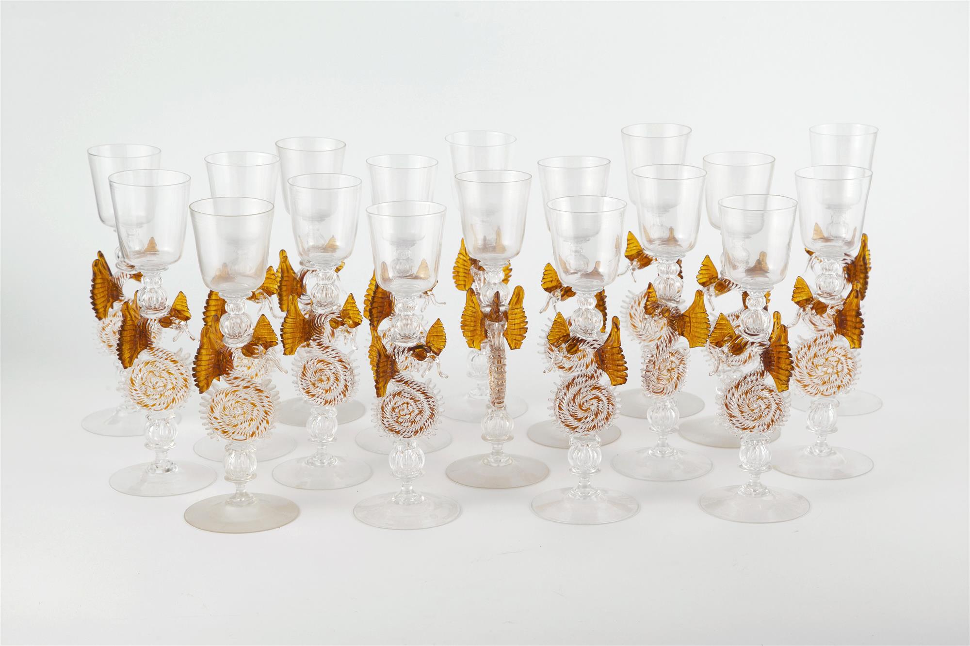 Lot image - Set of Eighteen Venetian Style Glass Seahorse Goblets