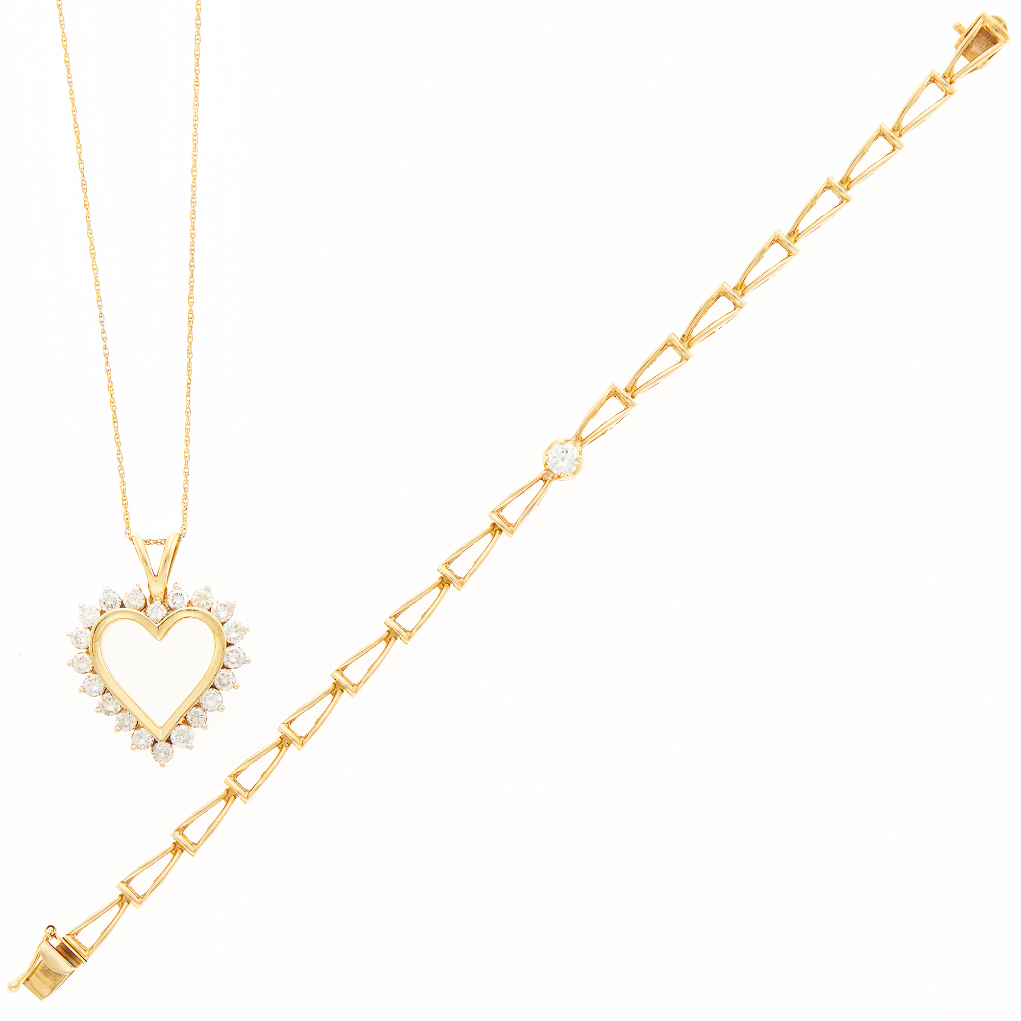 Lot image - Gold and Diamond Heart Pendant with Chain Necklace and Bracelet