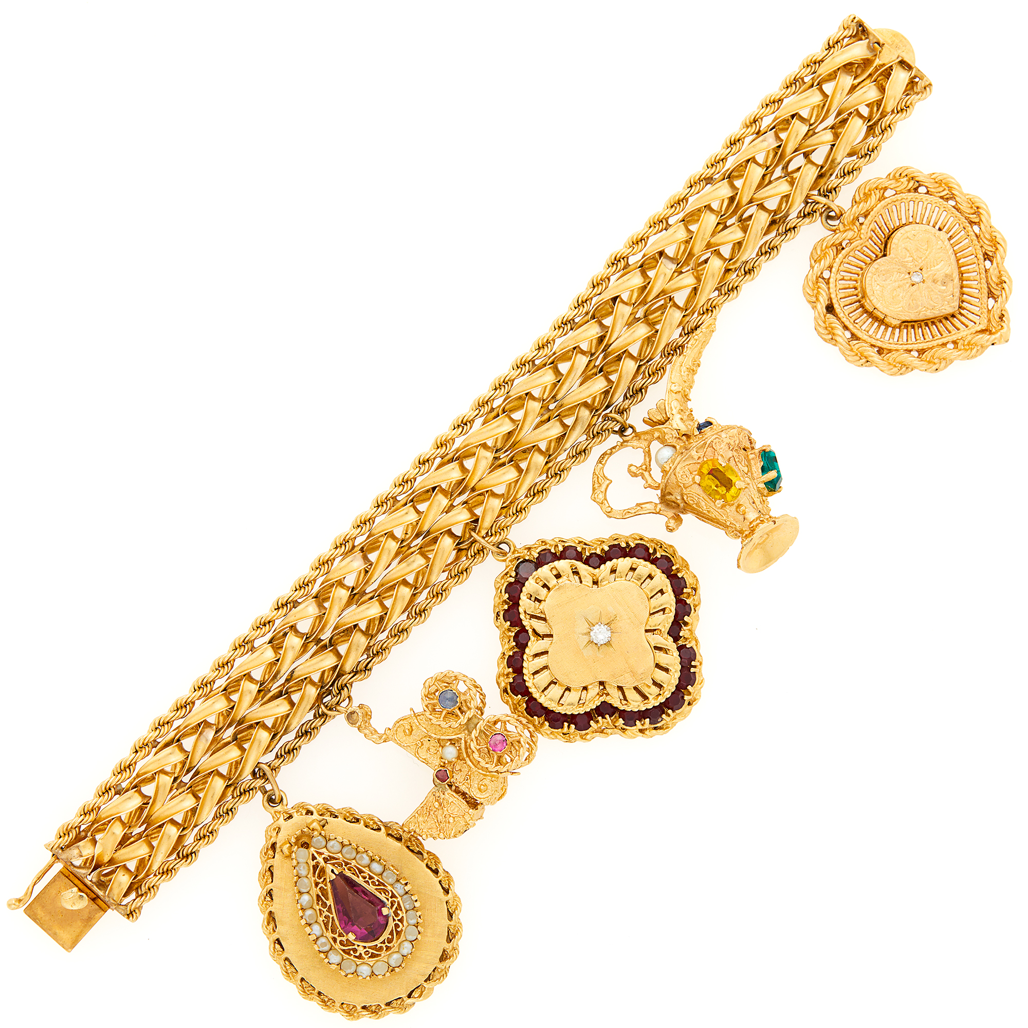 Lot image - Gold, Diamond, Cultured Pearl, Gem-Set and Colored Glass Charm Bracelet