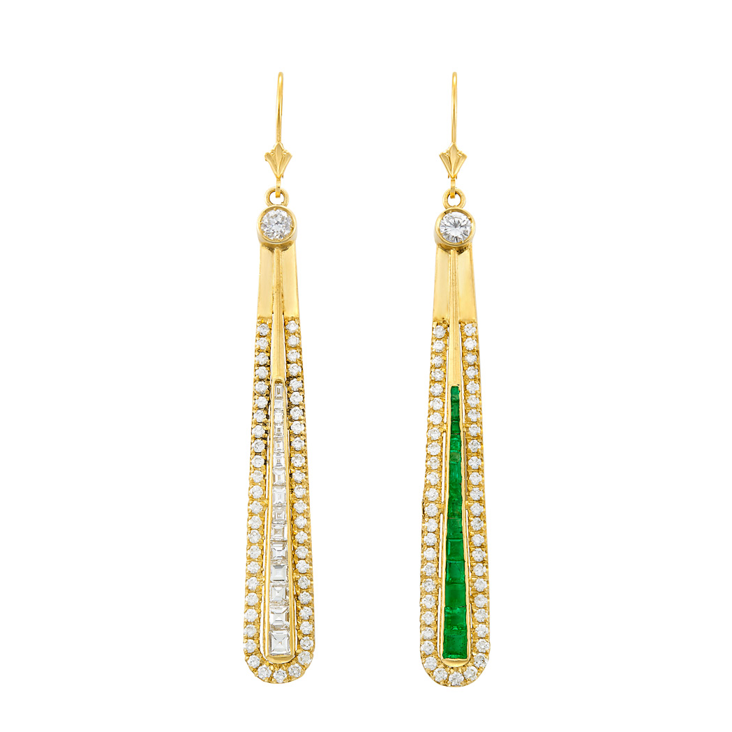 Lot image - Pair of Gold, Diamond and Emerald Pendant-Earrings