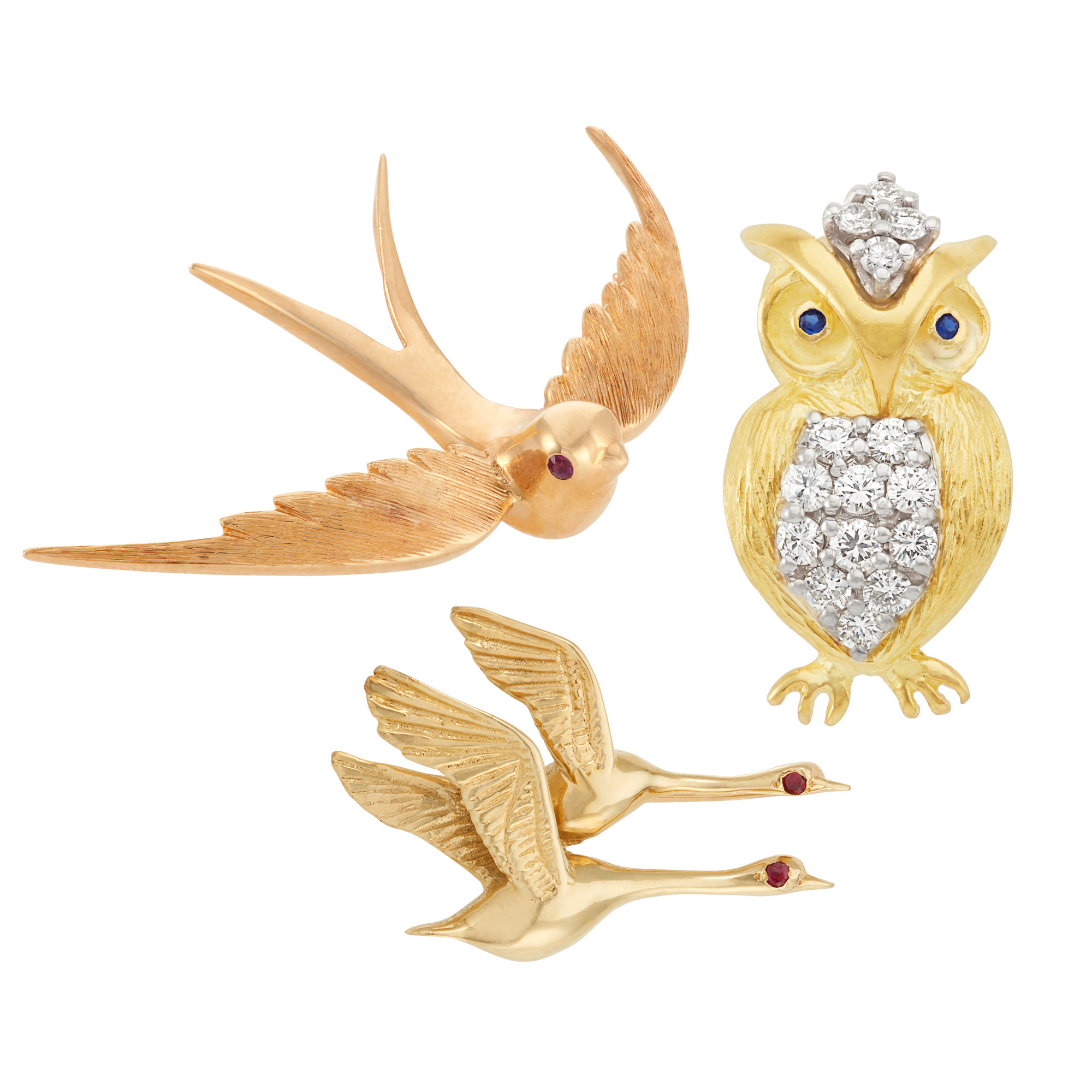 Lot image - Three Gold, Diamond, Ruby and Sapphire Owl and Bird Pins