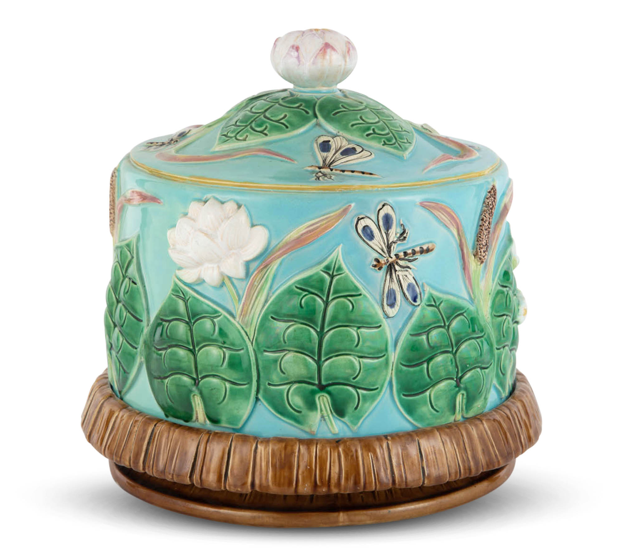 Lot image - George Jones Turquoise-Ground Majolica Pond Lily and Dragonfly Cheese Keeper and Stand
