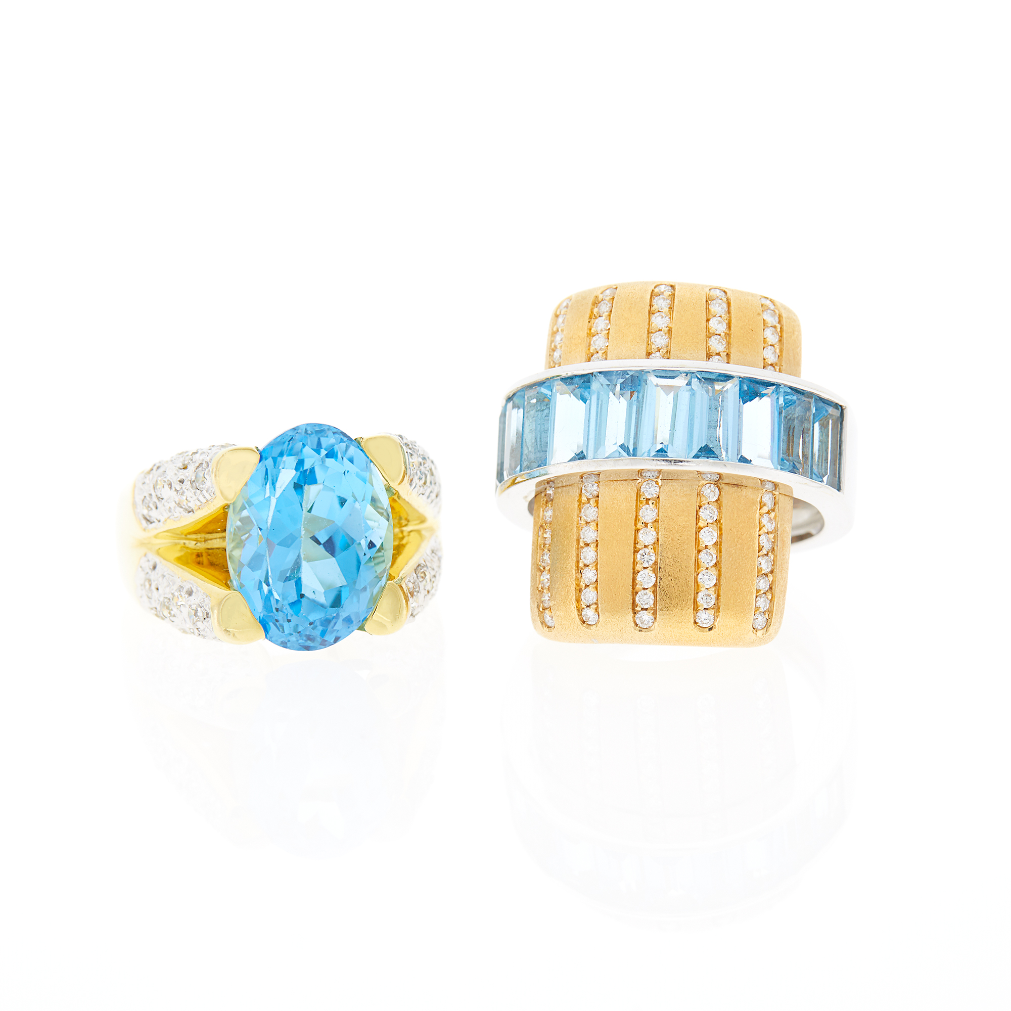 Lot image - Two-Color Gold, Blue Topaz and Diamond Ring and Gold, Blue Topaz and Simulated Diamond Ring