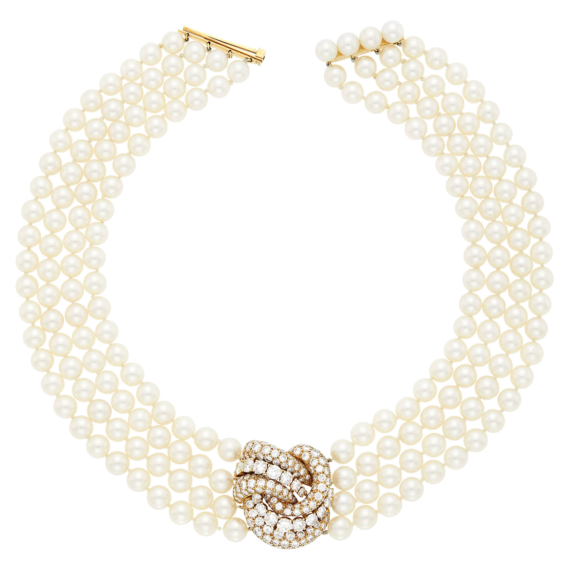 Lot image - Van Cleef & Arpels Four Strand Cultured Pearl, Gold and Diamond Choker Necklace