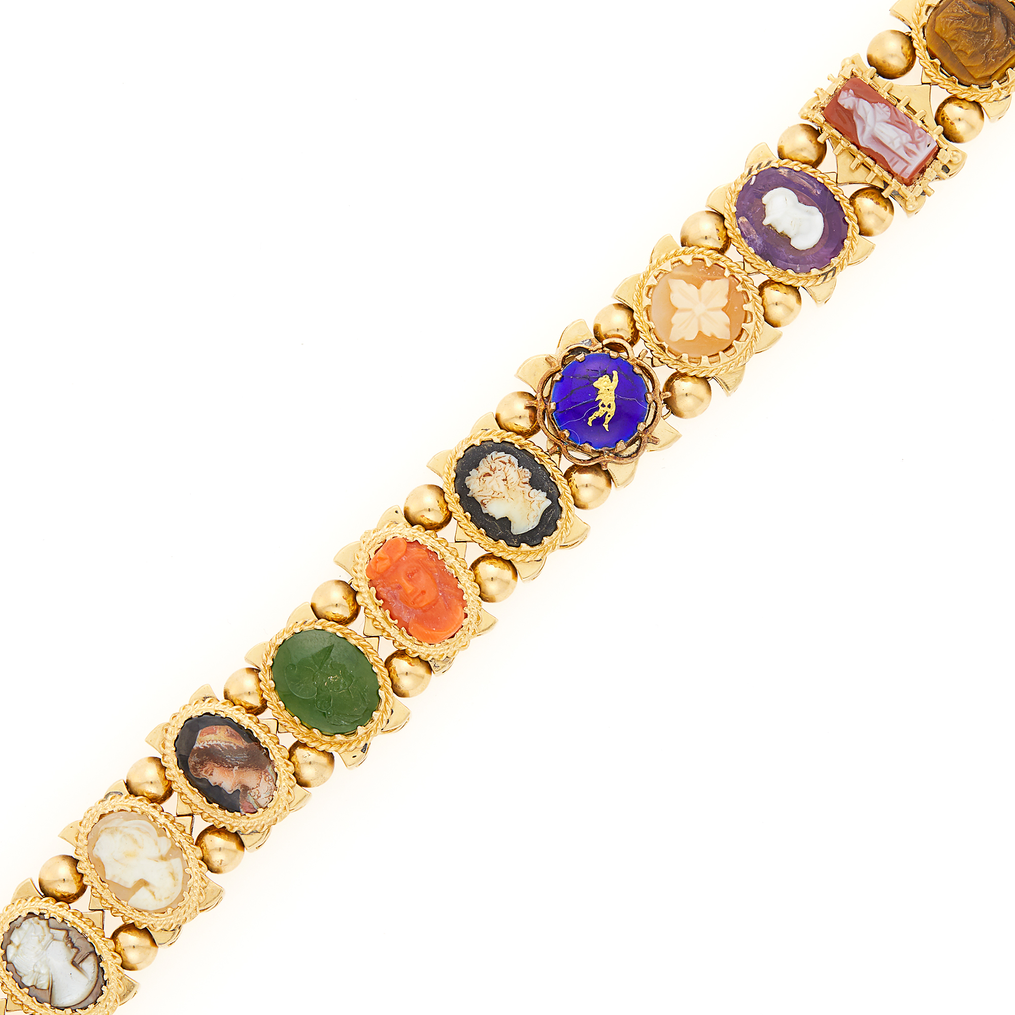 Lot image - Gold, Hardstone and Colored Stone Cameo Slide Charm Bracelet