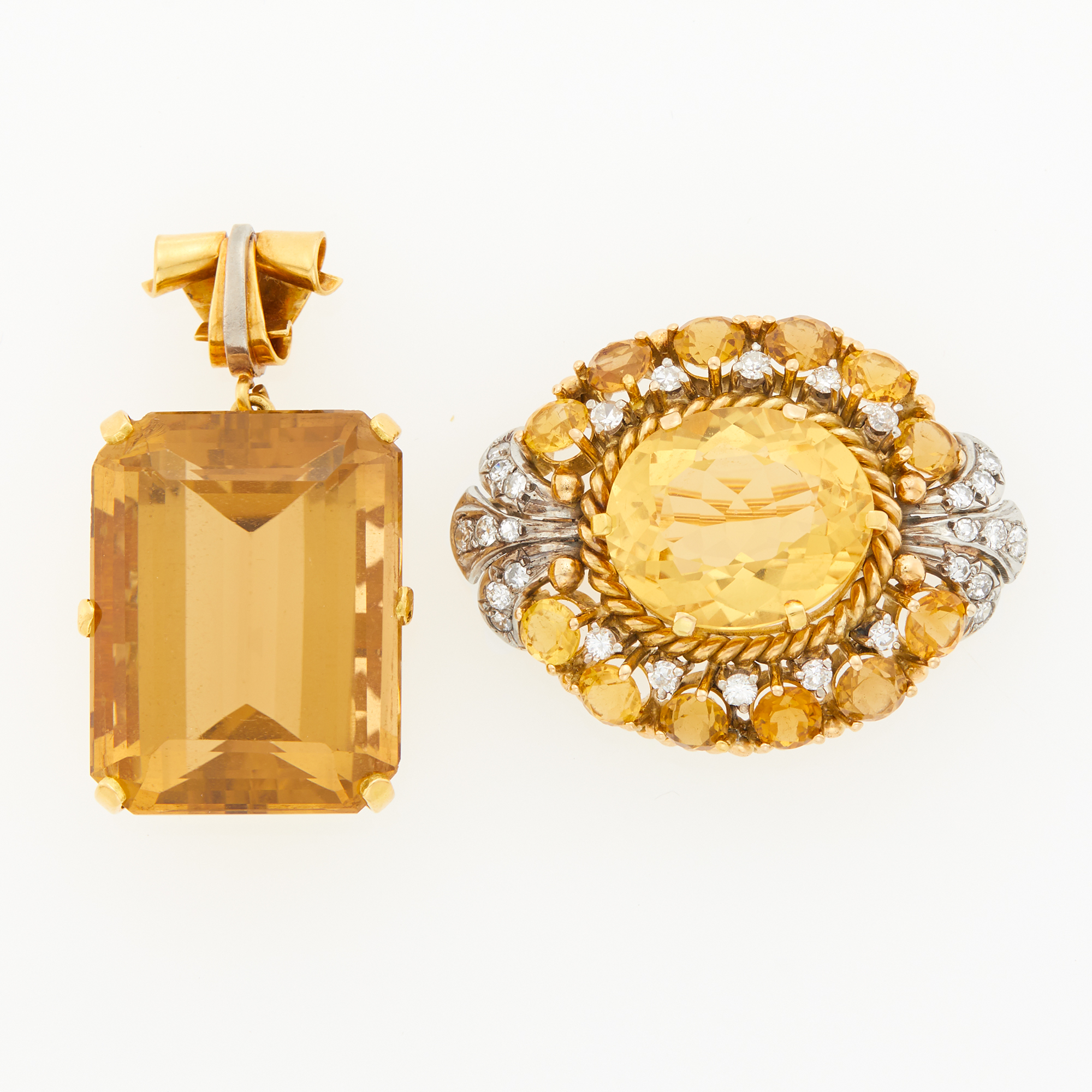 Lot image - Gold, Citrine and Diamond Brooch and Two-Color Gold and Citrine Pendant