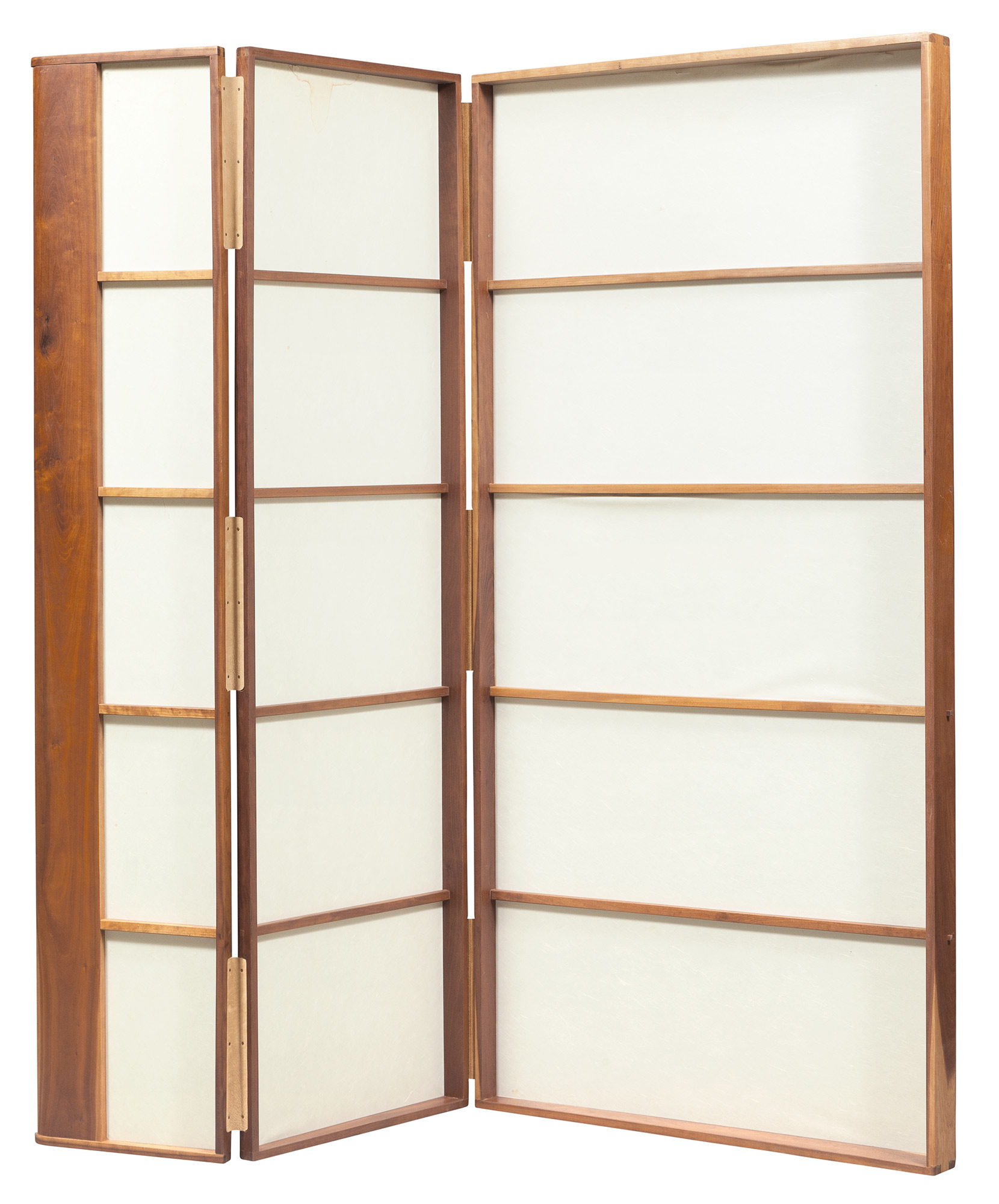Lot image - Matthew Baird Designs Three-Fold Mahogany Rice Paper Screen