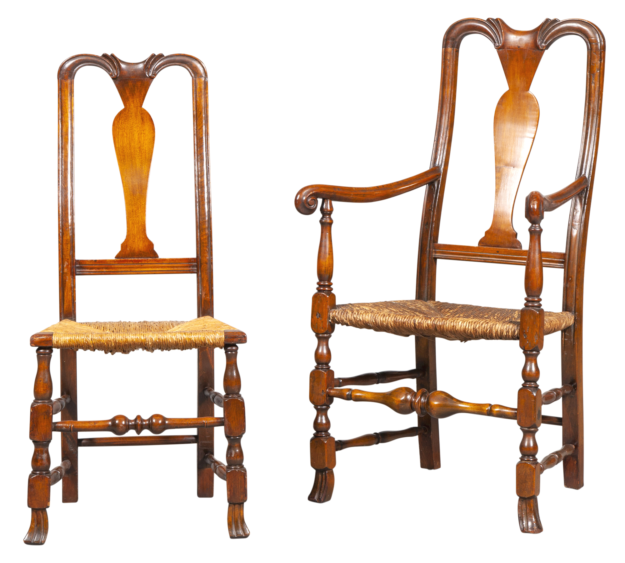 Lot image - Assembled Set of Eight William and Mary Walnut Rush Seat Chairs