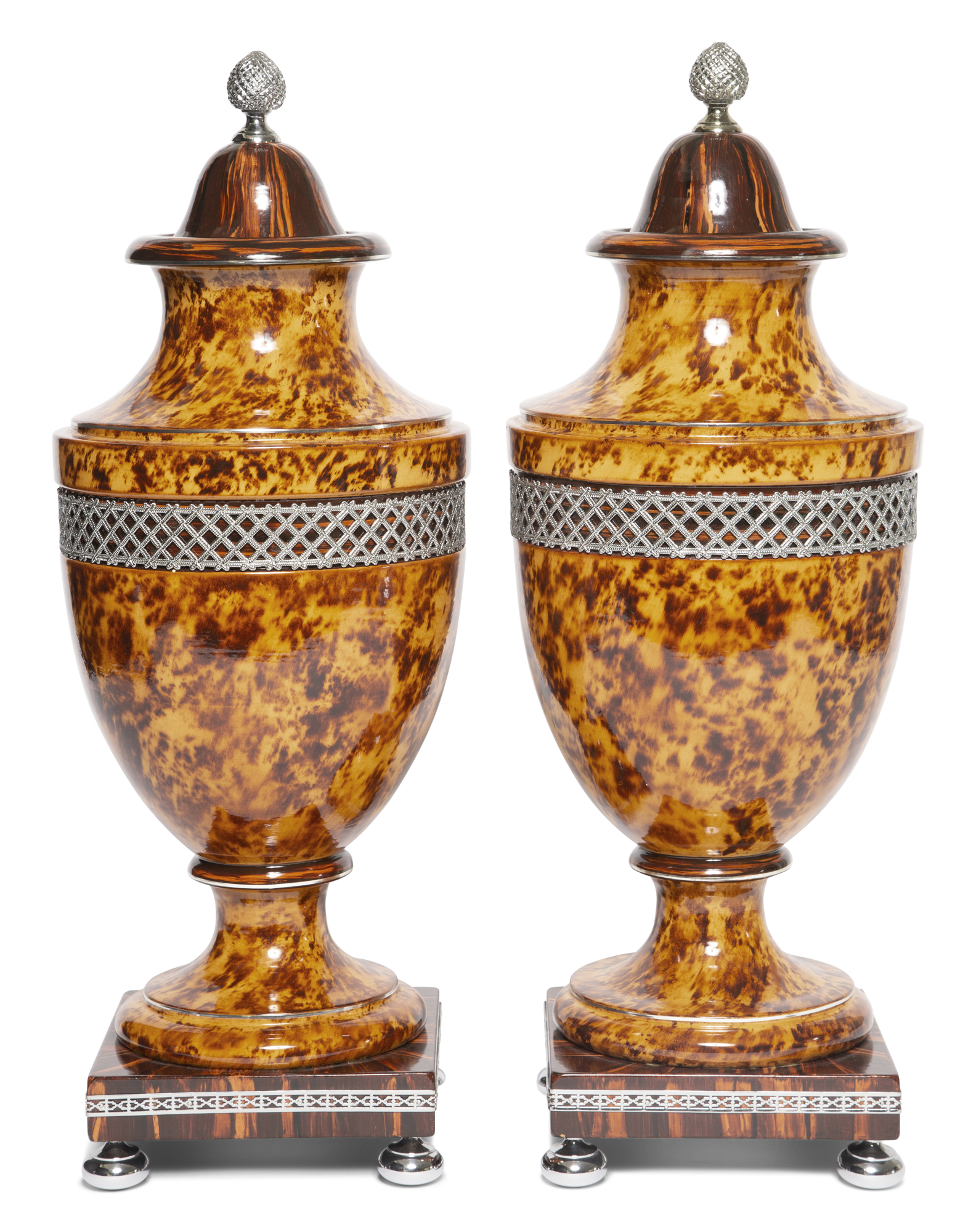 Lot image - Pair of Jean Roger Polished Nickel Mounted Faux Bois and Faux Tortoisehell Porcelain Covered Urns