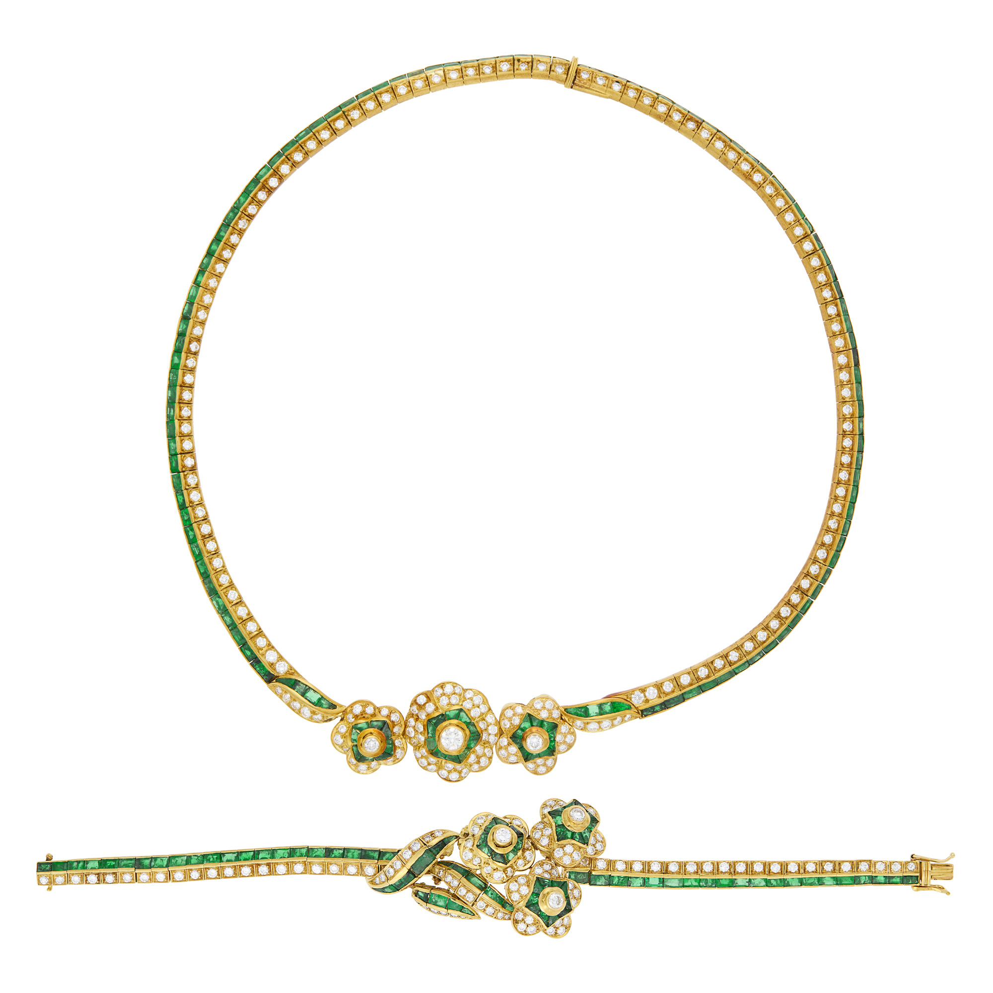 Lot image - Gold, Emerald and Diamond Flower Necklace and Bracelet