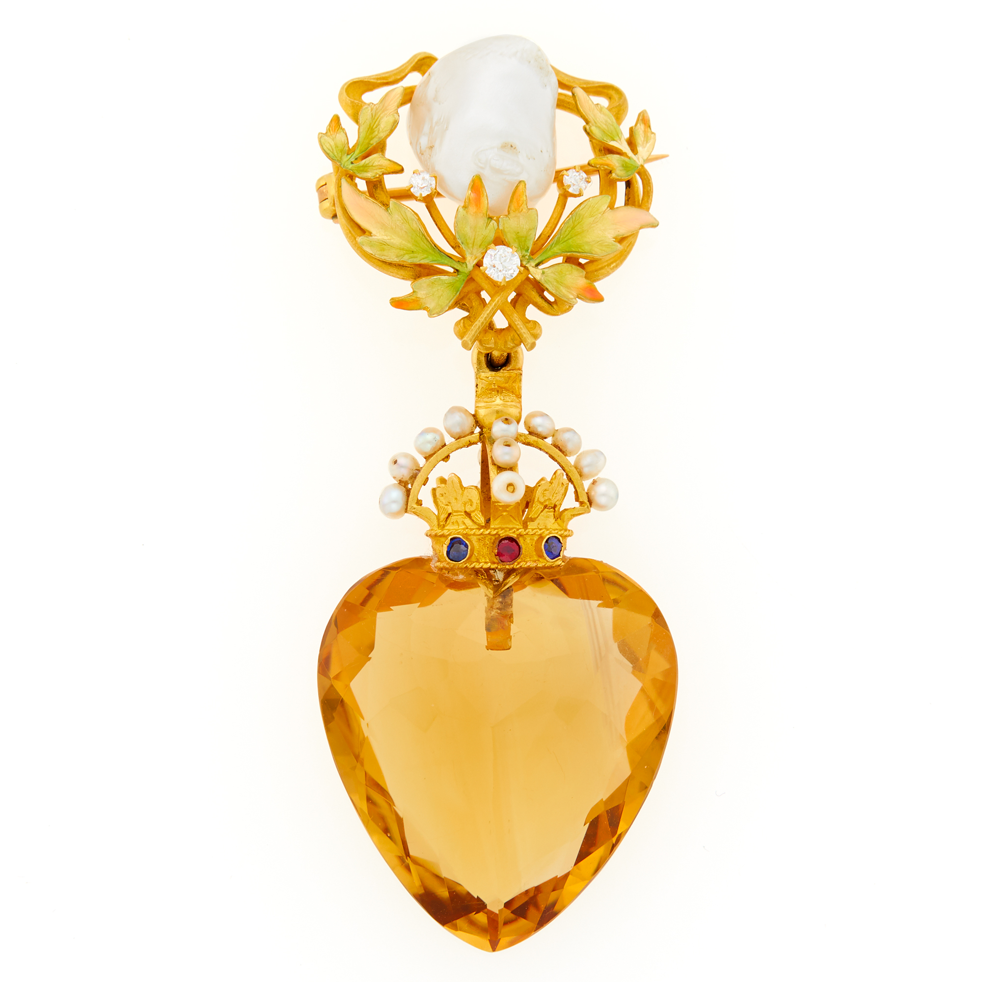 Lot image - Gold, Enamel, Freshwater Pearl, Citrine, Seed Pearl, Gem-Set and Diamond Brooch