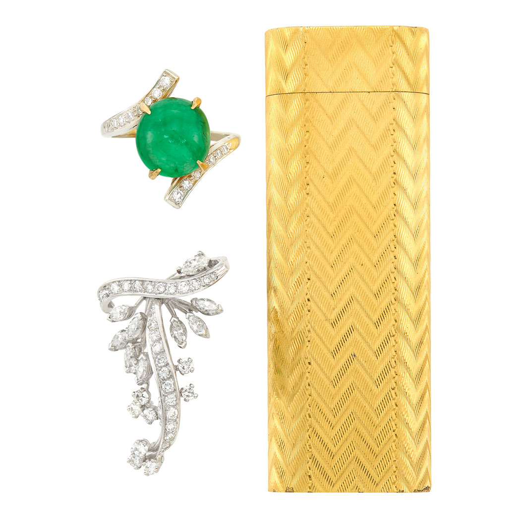 Lot image - Gold-Plated Lighter, Cartier, Platinum and Diamond Brooch, France, and Two-Color Gold, Emerald and Diamond Ring