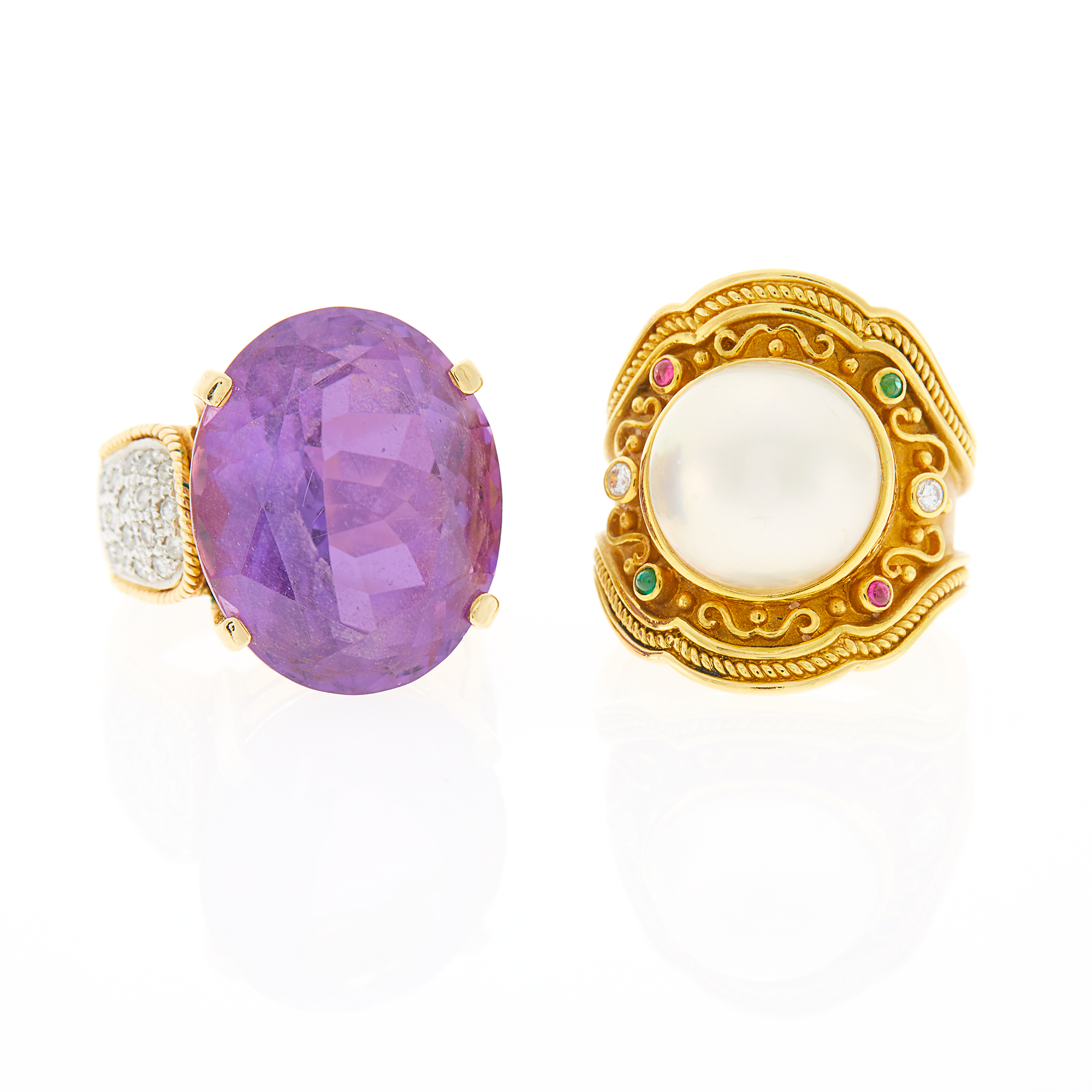 Lot image - Gold, Amethyst and Diamond Ring and Mabé Pearl, Cabochon Gem-Set and Diamond Ring