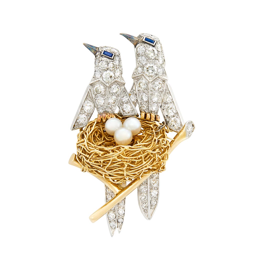 Lot image - Platinum, Gold, Diamond, Cultured Pearl and Sapphire Bird's Nest Clip-Brooch, France