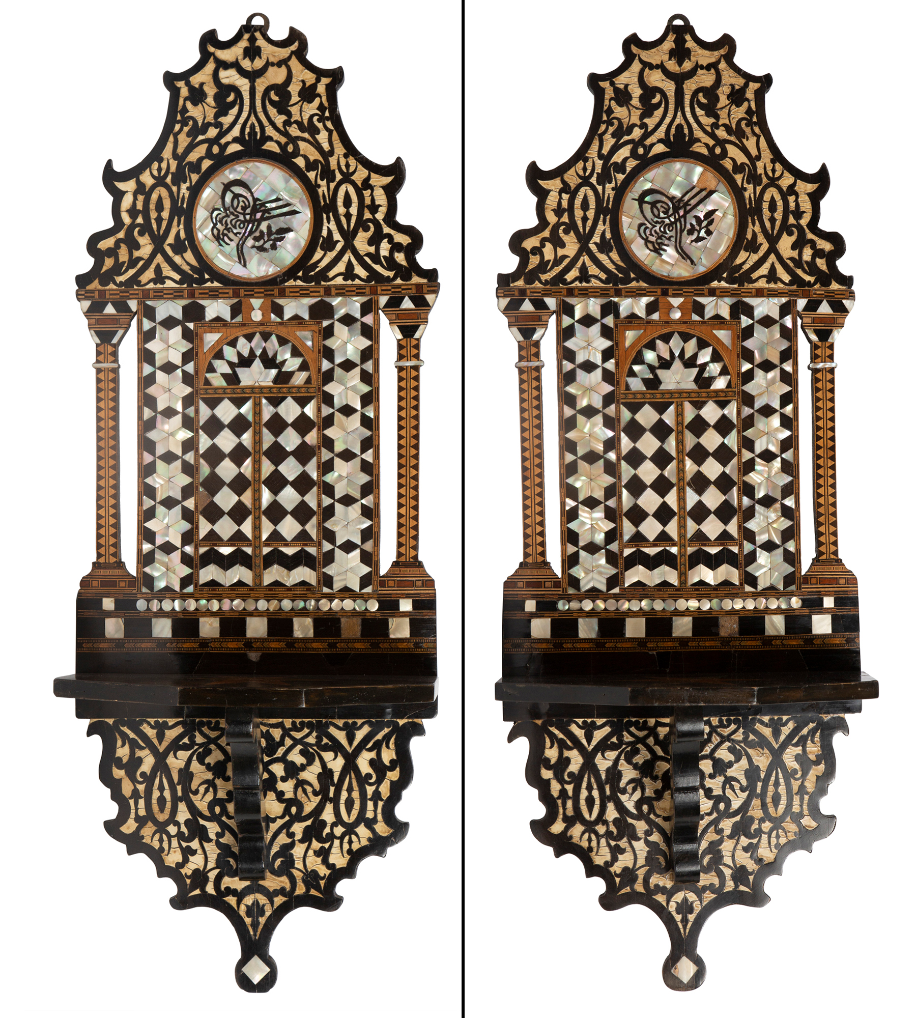 Lot image - Pair of North African Ebony, Bone and Mother-of-Pearl Turban Stands / Wall Brackets