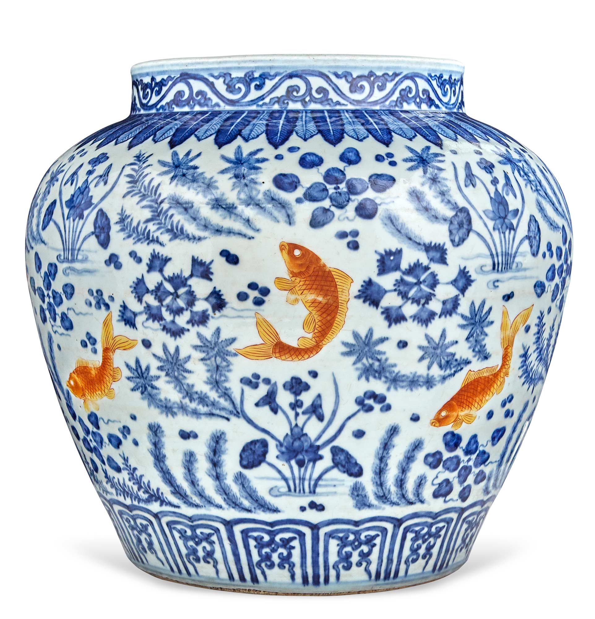 Lot image - Chinese Underglazed Blue and Iron Red Porcelain Fish Jar