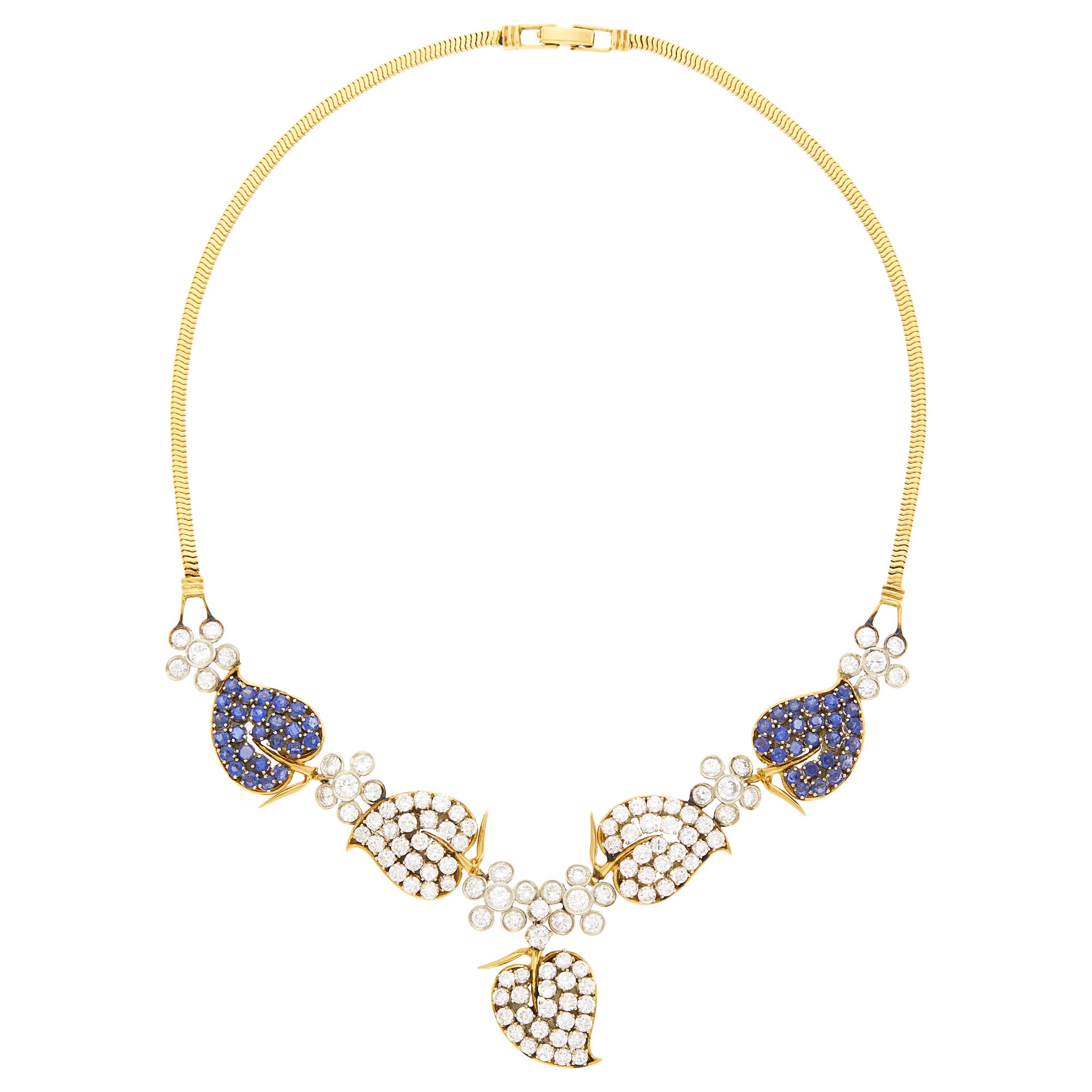 Lot image - Two-Color Gold, Sapphire and Diamond Snake Chain Necklace