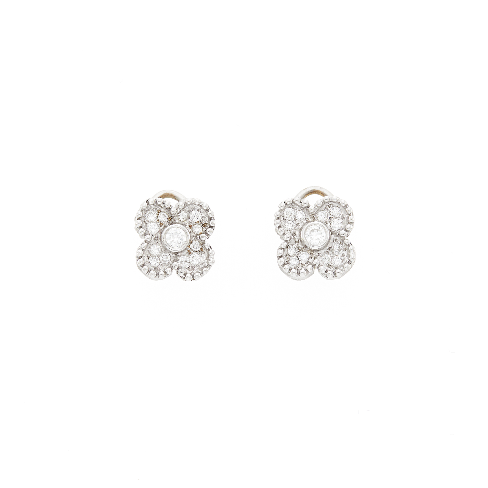 Lot image - Pair of White Gold and Diamond Flower Earrings