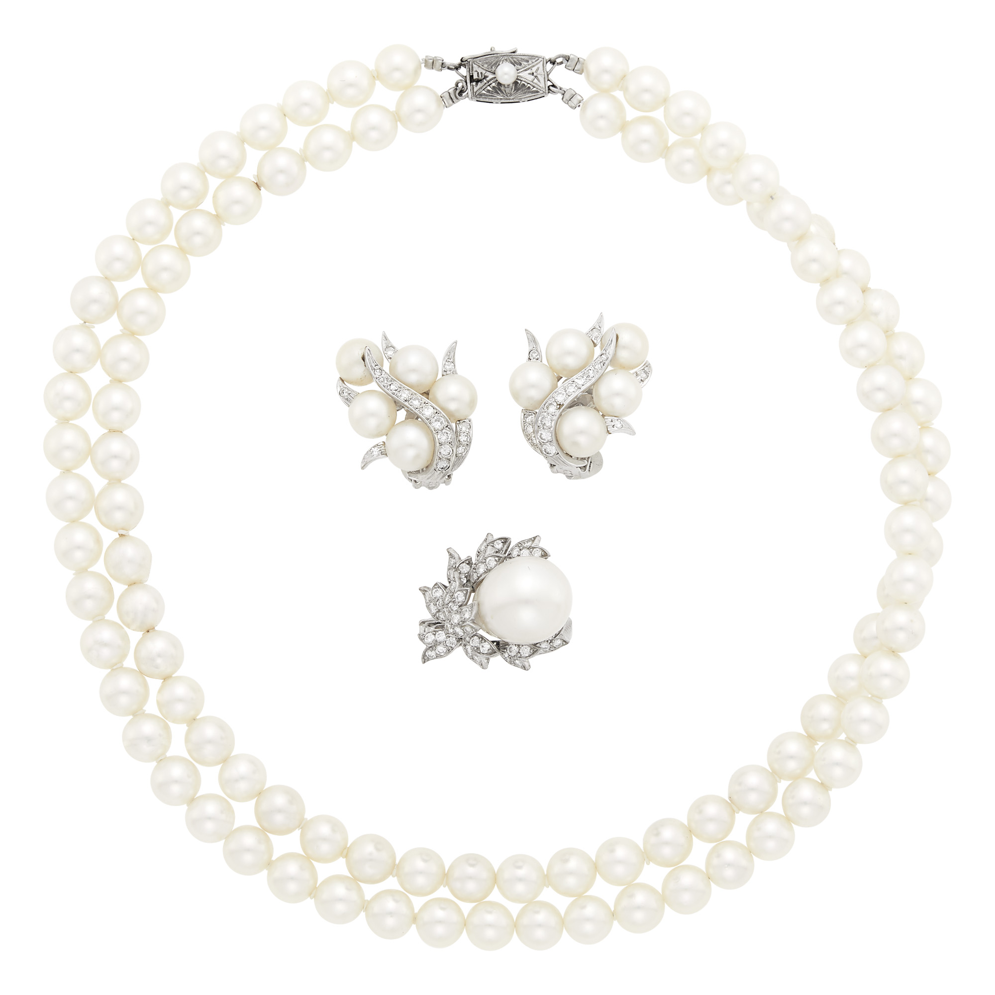 Lot image - Group of White Gold, Silver, Cultured Pearl and Diamond Jewelry