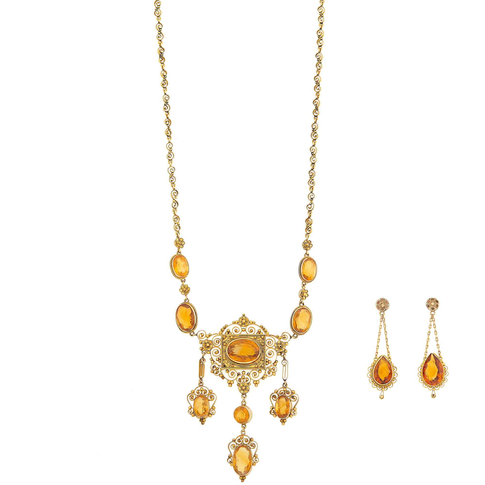 Lot image - Antique Gold, Silver-Gilt and Citrine Necklace and Pair of Pendant-Earrings