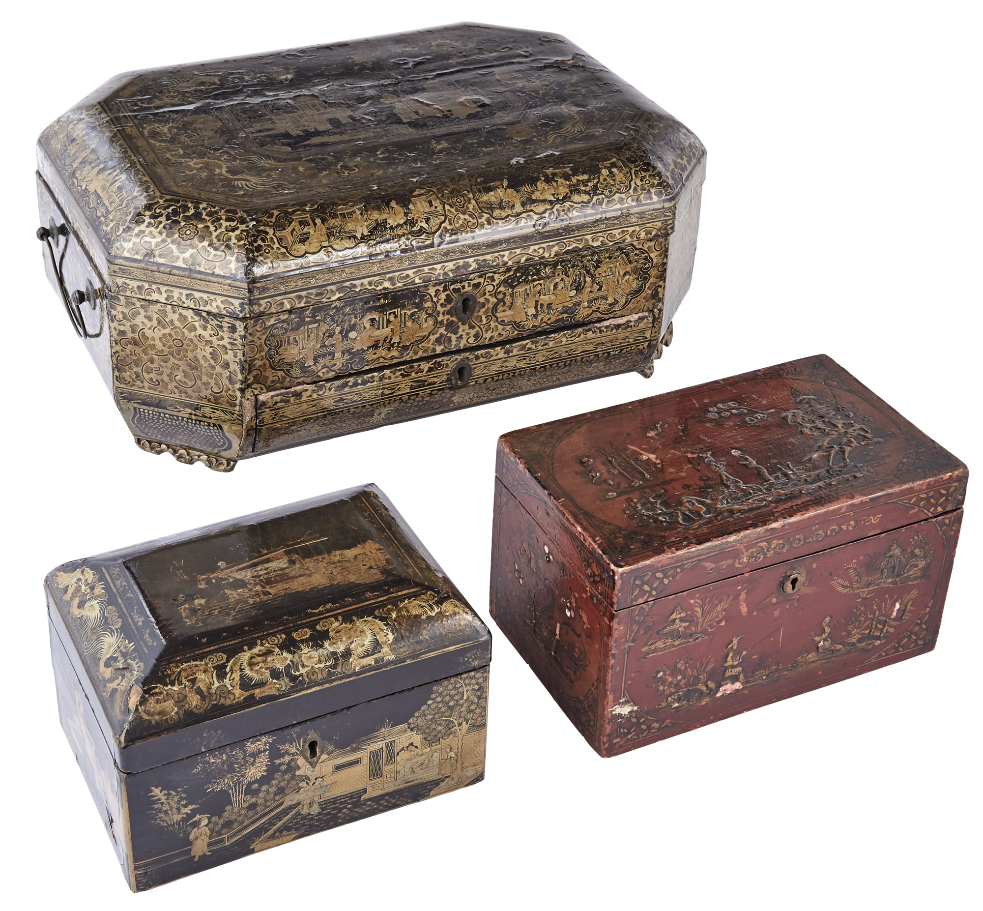 Lot image - Chinese Export Gilt-Decorated Black Lacquered Work Box