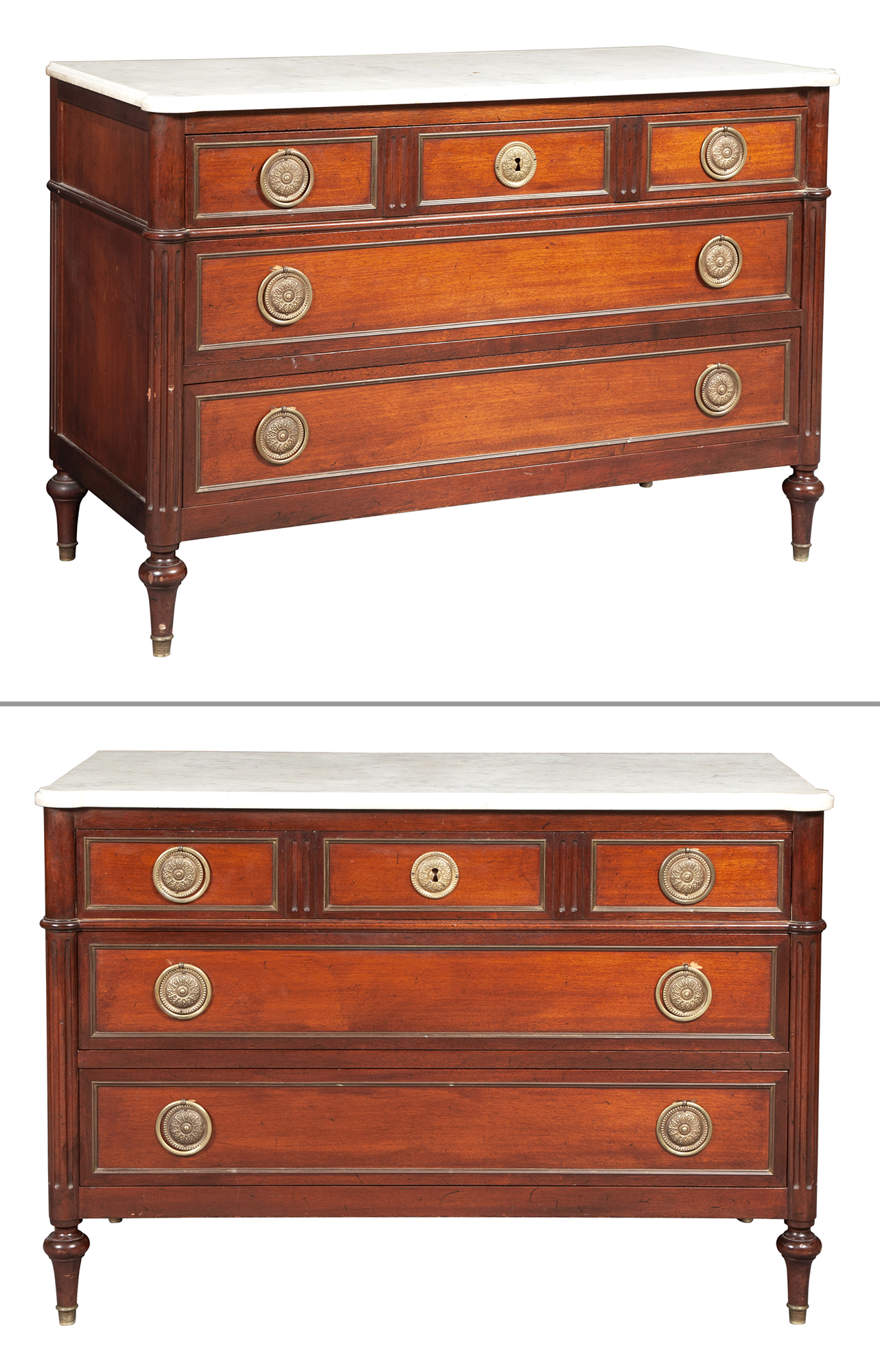 Lot image - Pair of Louis XVI Style Marble Top Mahogany Commodes